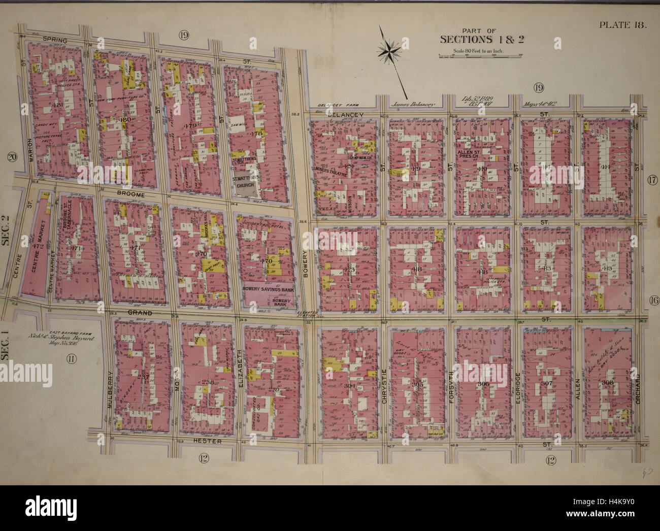 Plate 18, Part of Sections 1&2: Bounded by Spring Street, Bowery Street, Delancey Street, Orchard Street, Hester Street Stock Photo