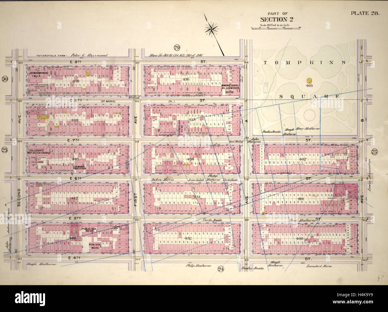 Plate 28, Part of Section 2: Bounded by E. 9th Street, Avenue A, E. 7th Street, Avenue B, E. 14th Street and Second Avenue Stock Photo