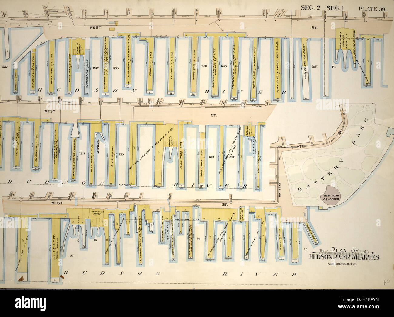 Plate 39, Sec. 2 & Sec. 1 Plan of Hudson River Wharves. Covers the