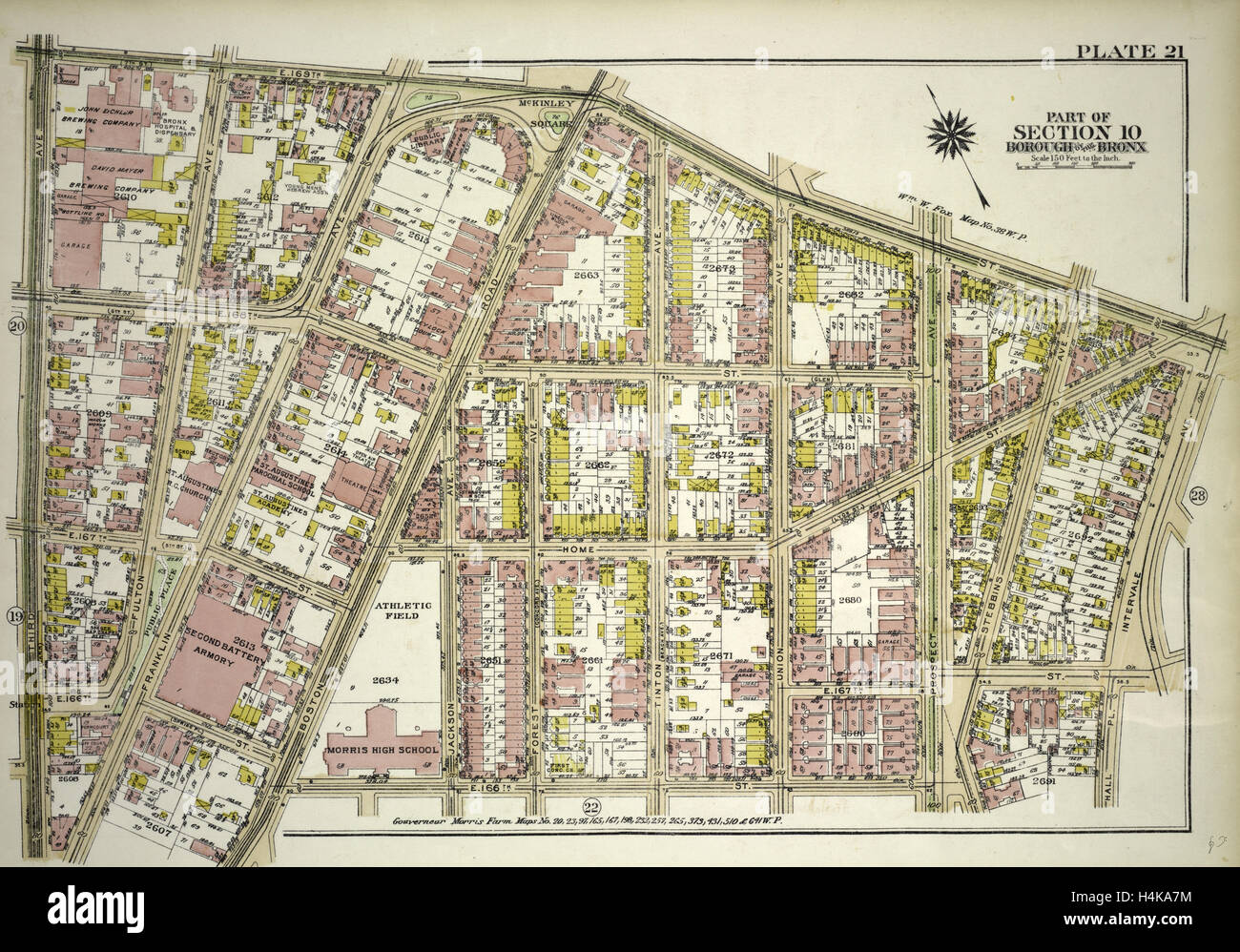 Plate 21, Part of Section 10, Borough of the Bronx. Bounded by E. 169th Street, Intervale Avenue, E. 166th Street Stock Photo