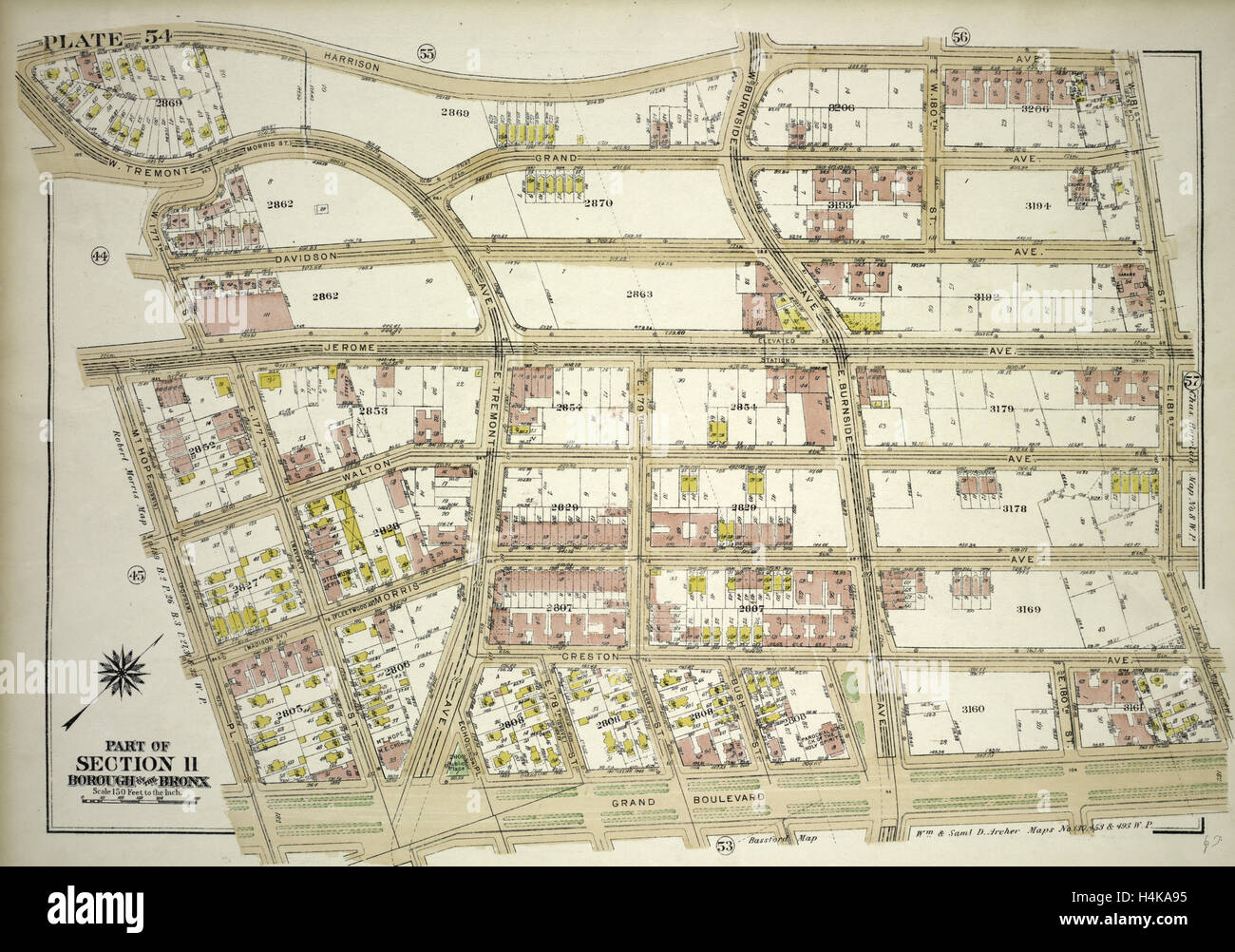 Plate 54, Part of Section 11, Borough of the Bronx. Bounded by Harrison Avenue, W. 181st Street, E. 181st Street Stock Photo