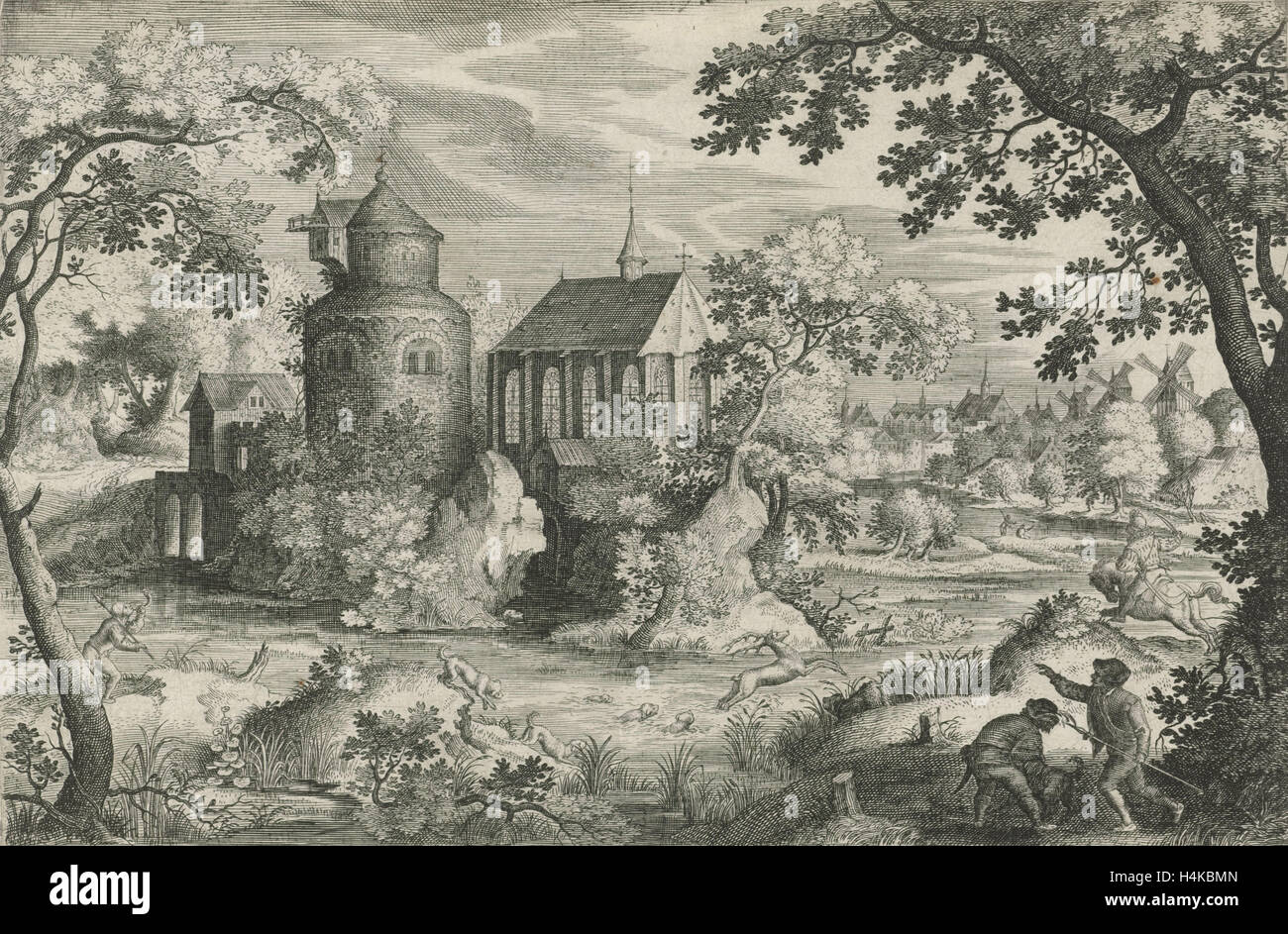 Deer Hunting with a chapel, print maker: Jan van Londerseel, Jacob Savery I, 1602 - 1625 Stock Photo