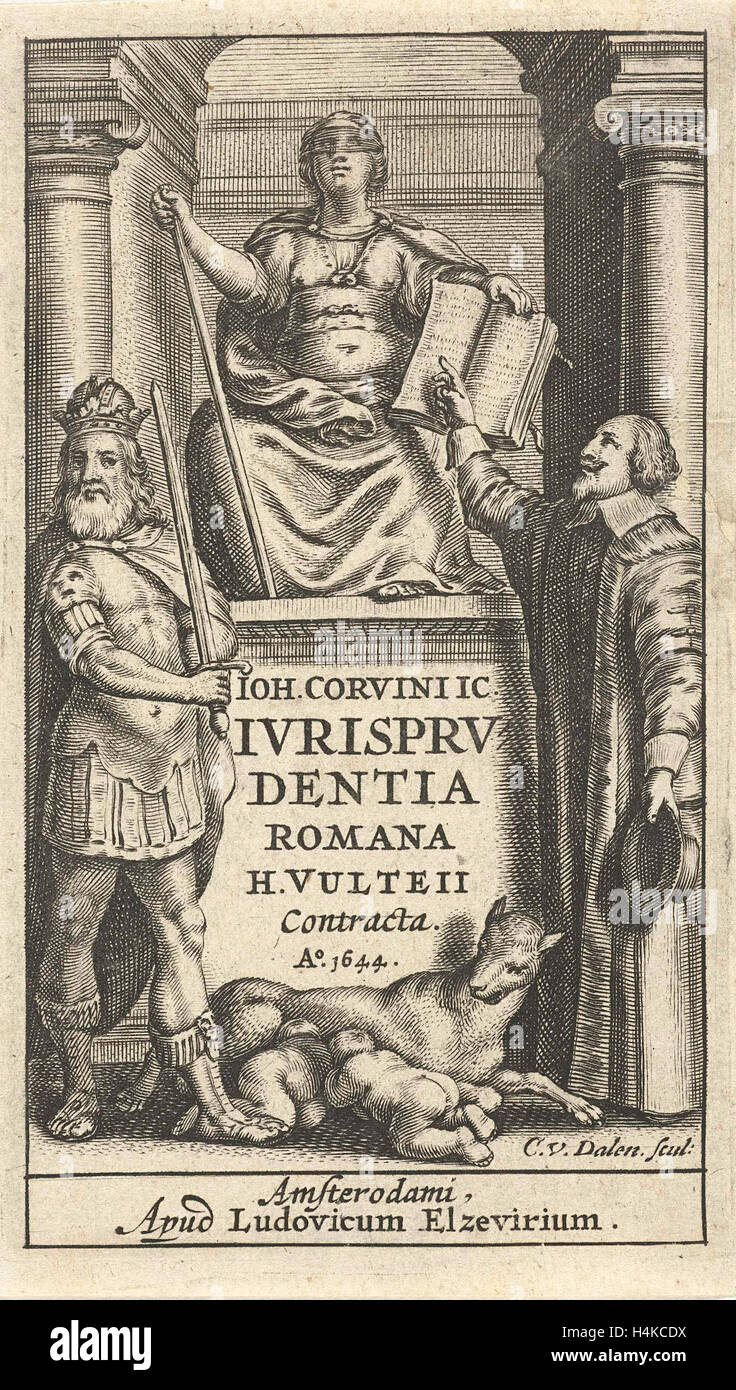 Justice enthroned on base between mental and emperor, Romulus and Remus suckled by the wolf, Cornelis van Dalen (I) Stock Photo