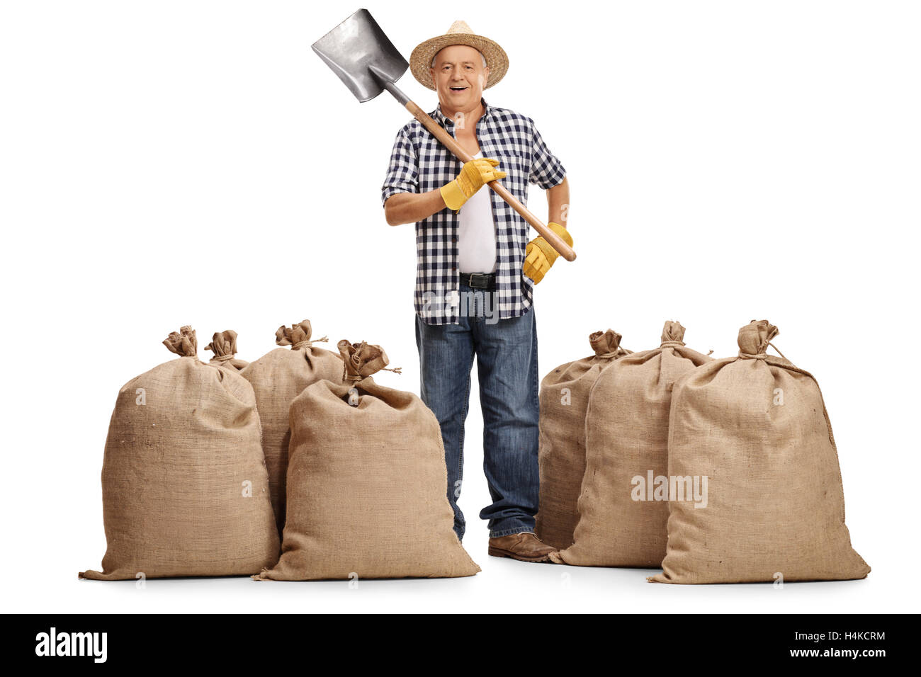 Full length portrait of a mature farmer holding a shovel and standing ...