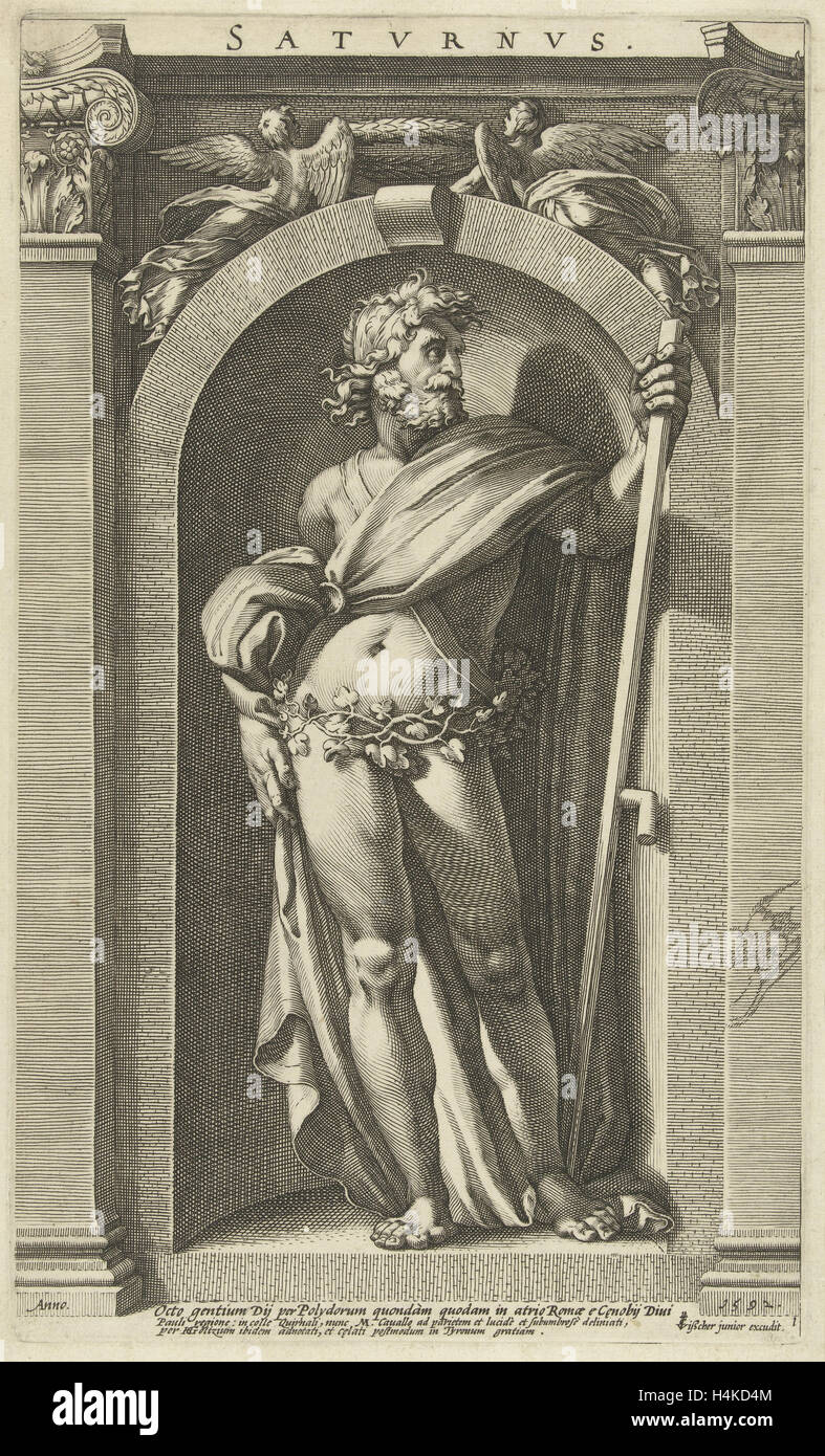 Saturn, standing in a niche, a scythe in his left hand, series of eight prints of classical gods Stock Photo