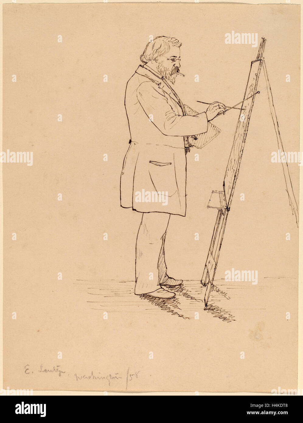 John Quincy Adams Ward, Sketching - Emanuel Leutze, American, 1830 - 1910, 1858, pen and brown ink over graphite on wove paper Stock Photo