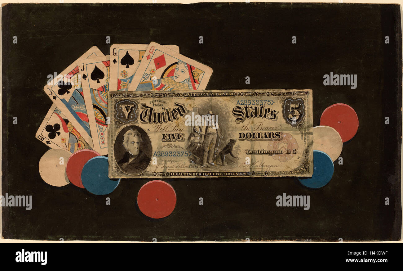 American 19th Century, Trompe l'Oeil: A Full House with Chips and a $5 Bill, c. 1895, watercolor over graphite Stock Photo