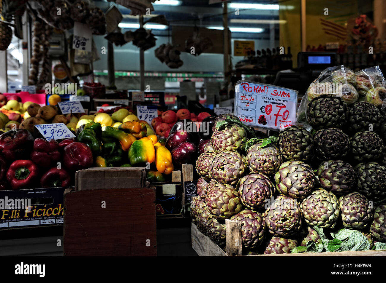 A beautiful display of Roman artichokes for sale at the Nuovo Mercato