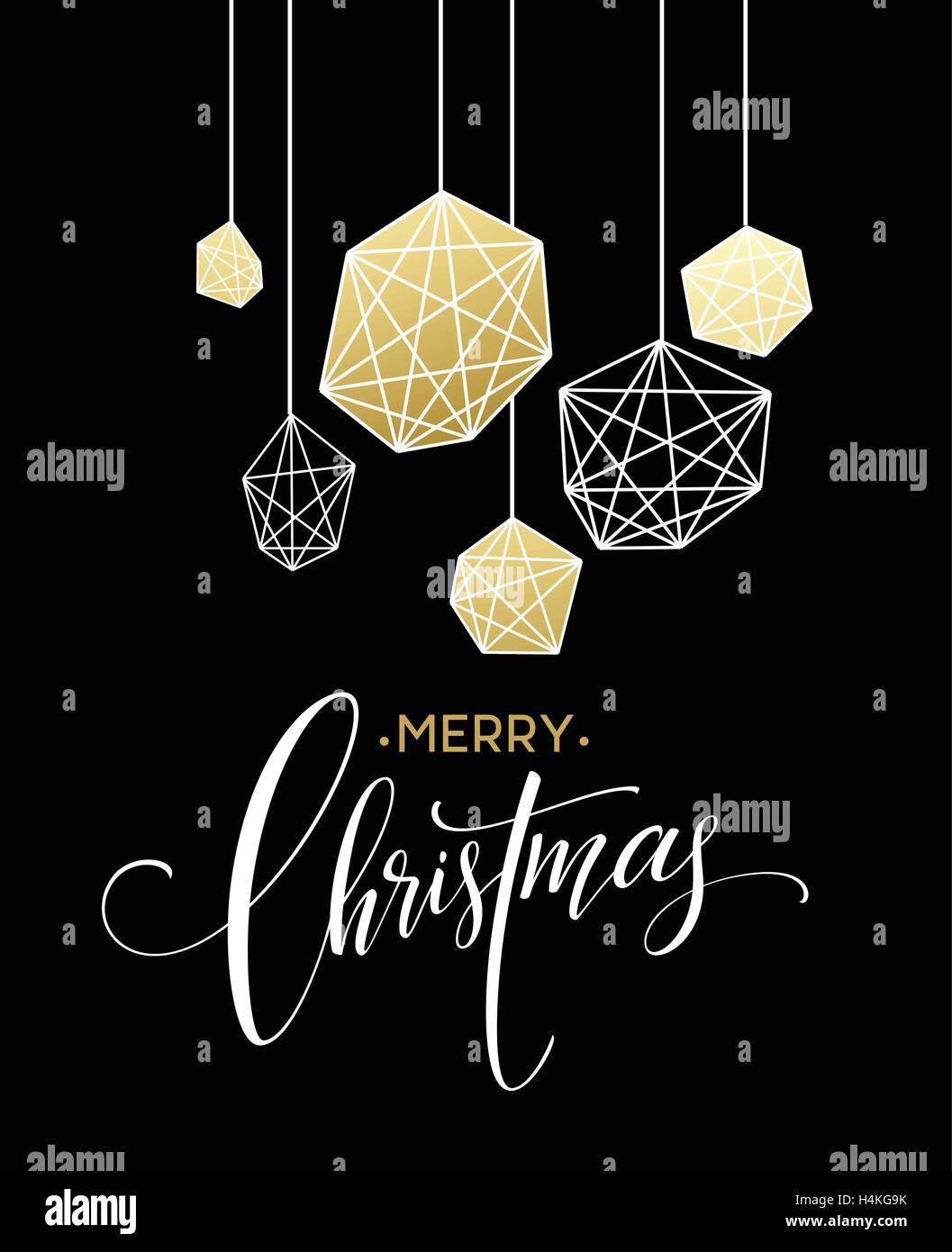 Christmas Greeting Card with handdrawn lettering. Golden, black and ...