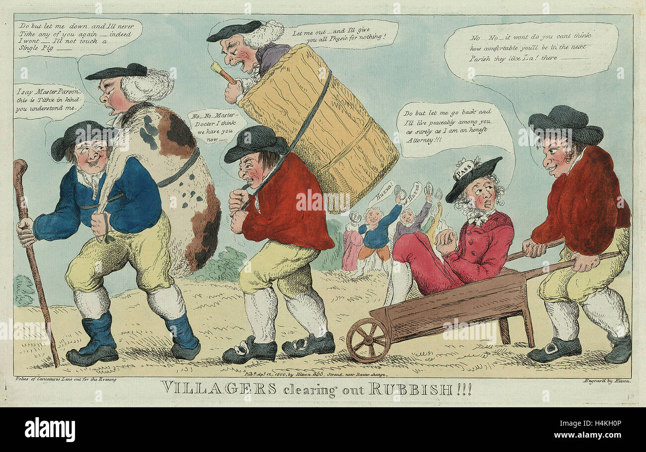 Villagers clearing out rubbish!!! engrav'd by Hixon, London, engraving 1800, three villagers transporting a parson, a doctor Stock Photo