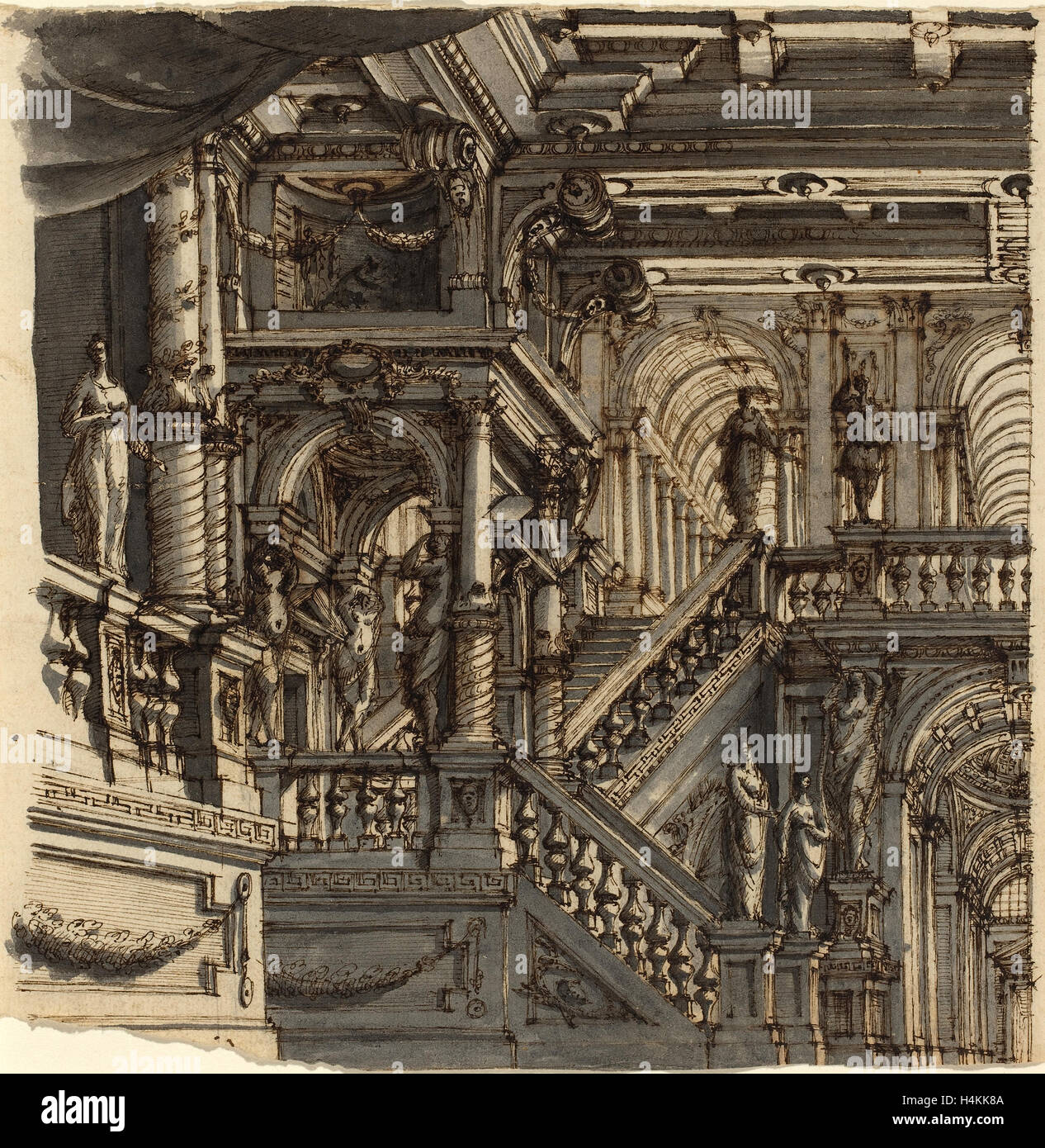 Bibiena (family member) (Italian, active 18th century), An Elaborate Staircase in a Palace, pen and brown ink with gray wash Stock Photo