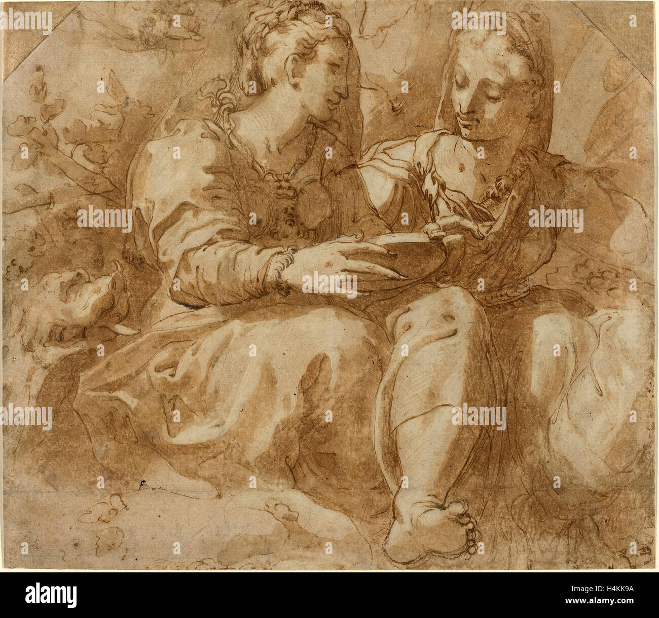 Pellegrino Tibaldi (Italian, 1527 - 1596), Two Seated Women, pen and brown ink with brown wash on laid paper Stock Photo