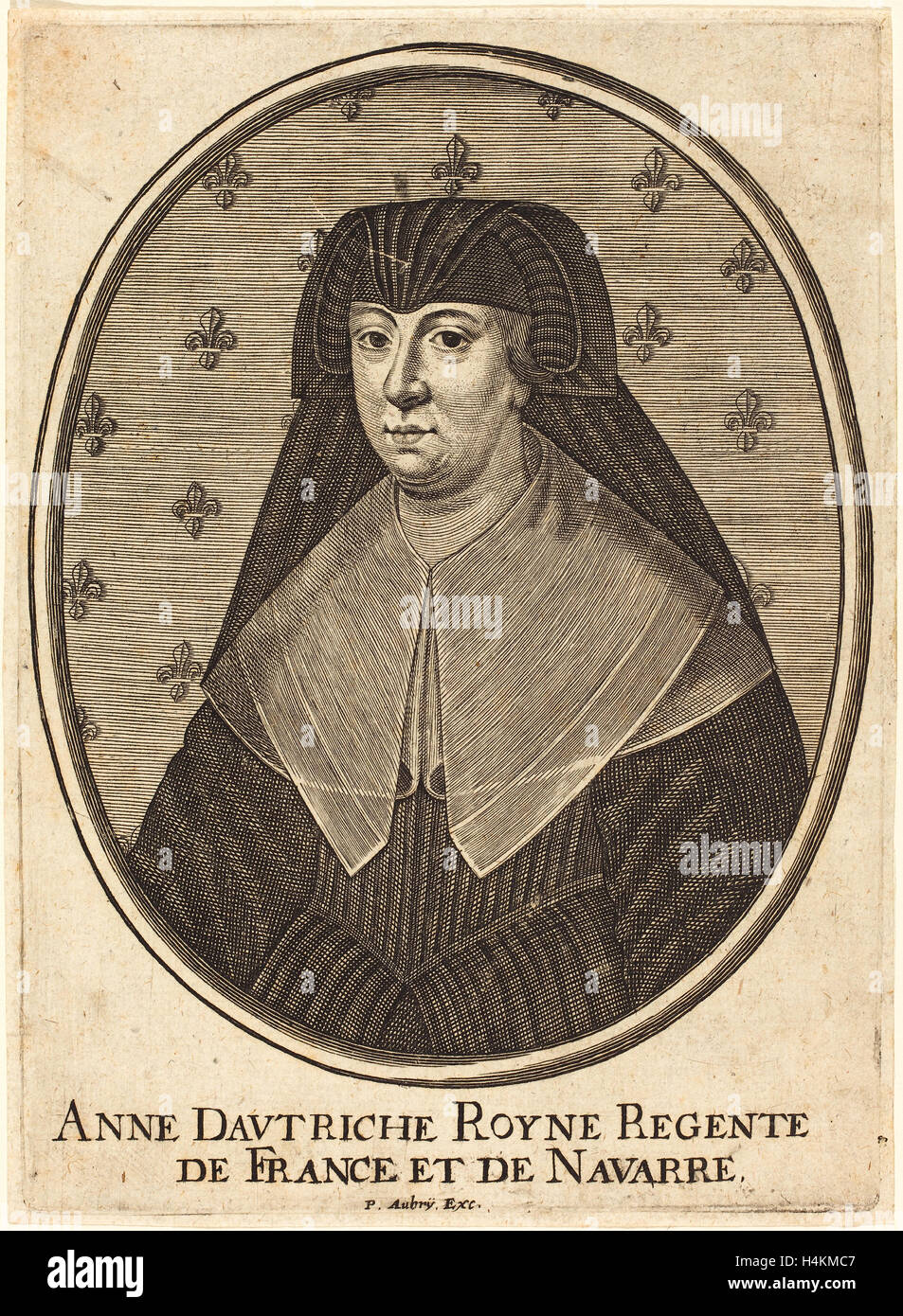 Pierre Aubry (French, 1610 - 1686), Anne of Austria, engraving on laid paper Stock Photo