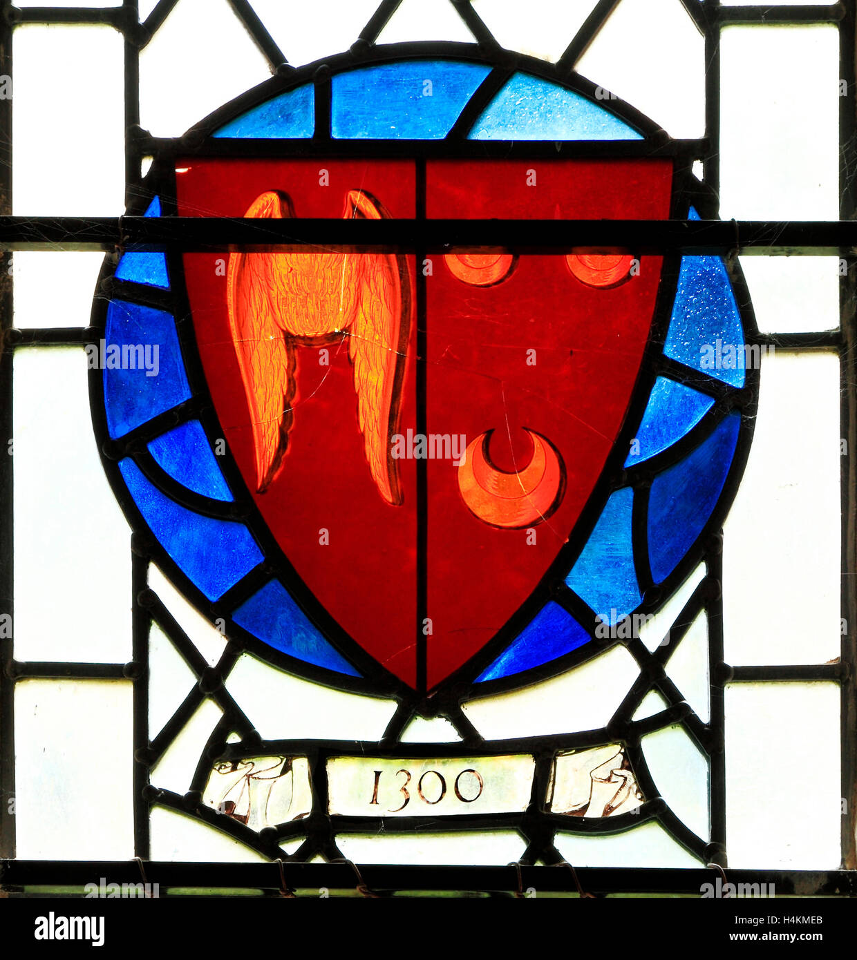 Stanhoe, Norfolk, Arms of Roger de St. Mauro, 1300, Seymour family, stained glass roundel window  heraldry, heraldic shield Stock Photo