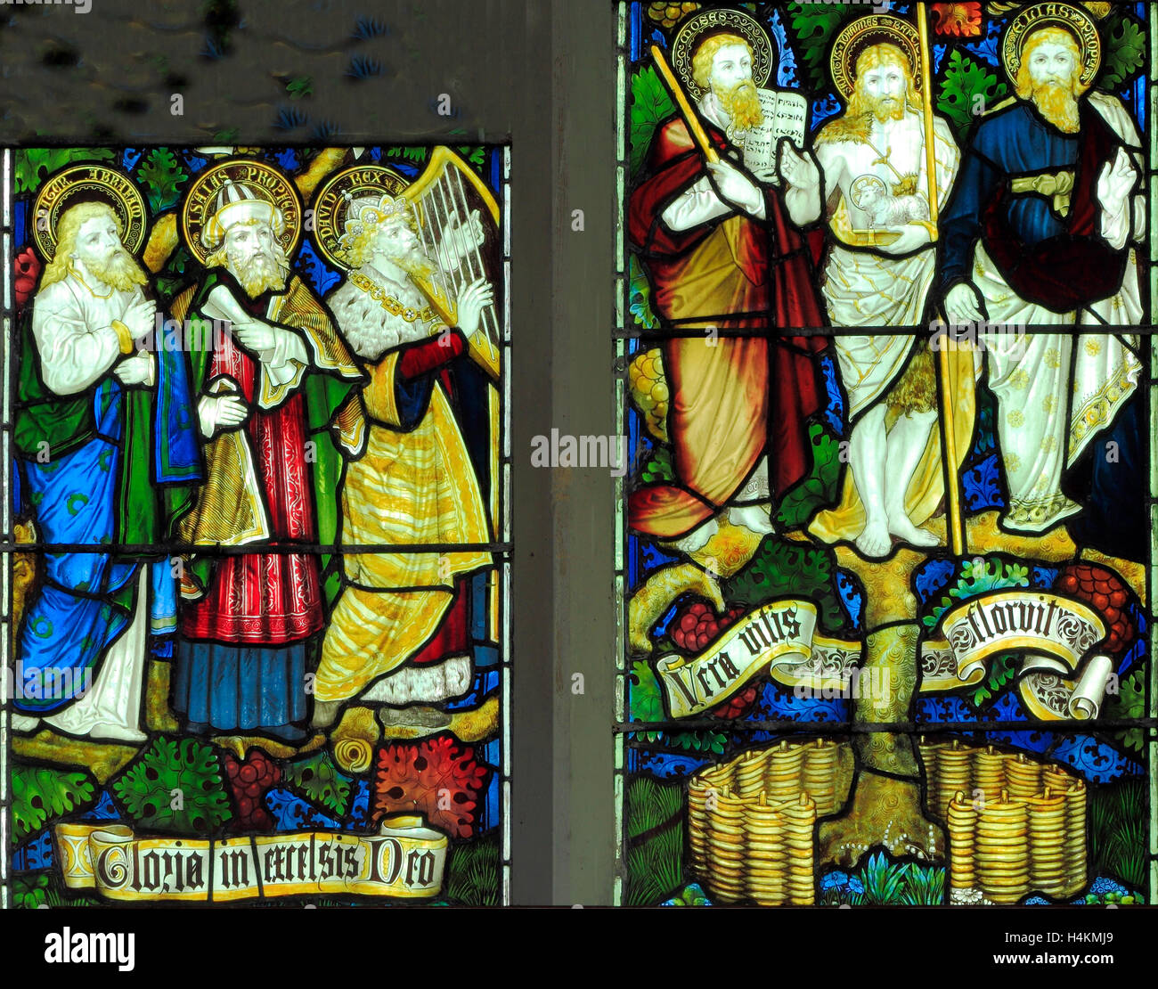 Stanhoe, Norfolk, East stained glass window by Charles Kempe,  1879, detail, Abraham, Prophet Isaiah, King David, Moses Stock Photo