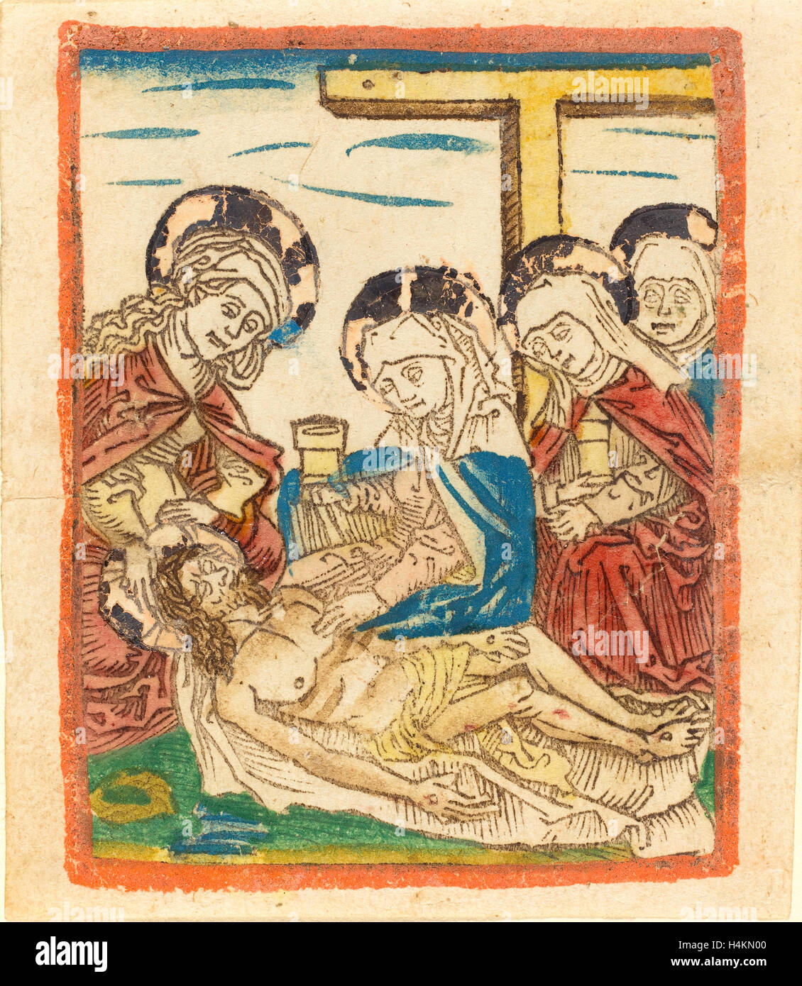 German 15th Century, The Lamentation, c. 1480-1490, woodcut in dark brown, hand-colored in red-lake, blue, green, yellow, tan Stock Photo