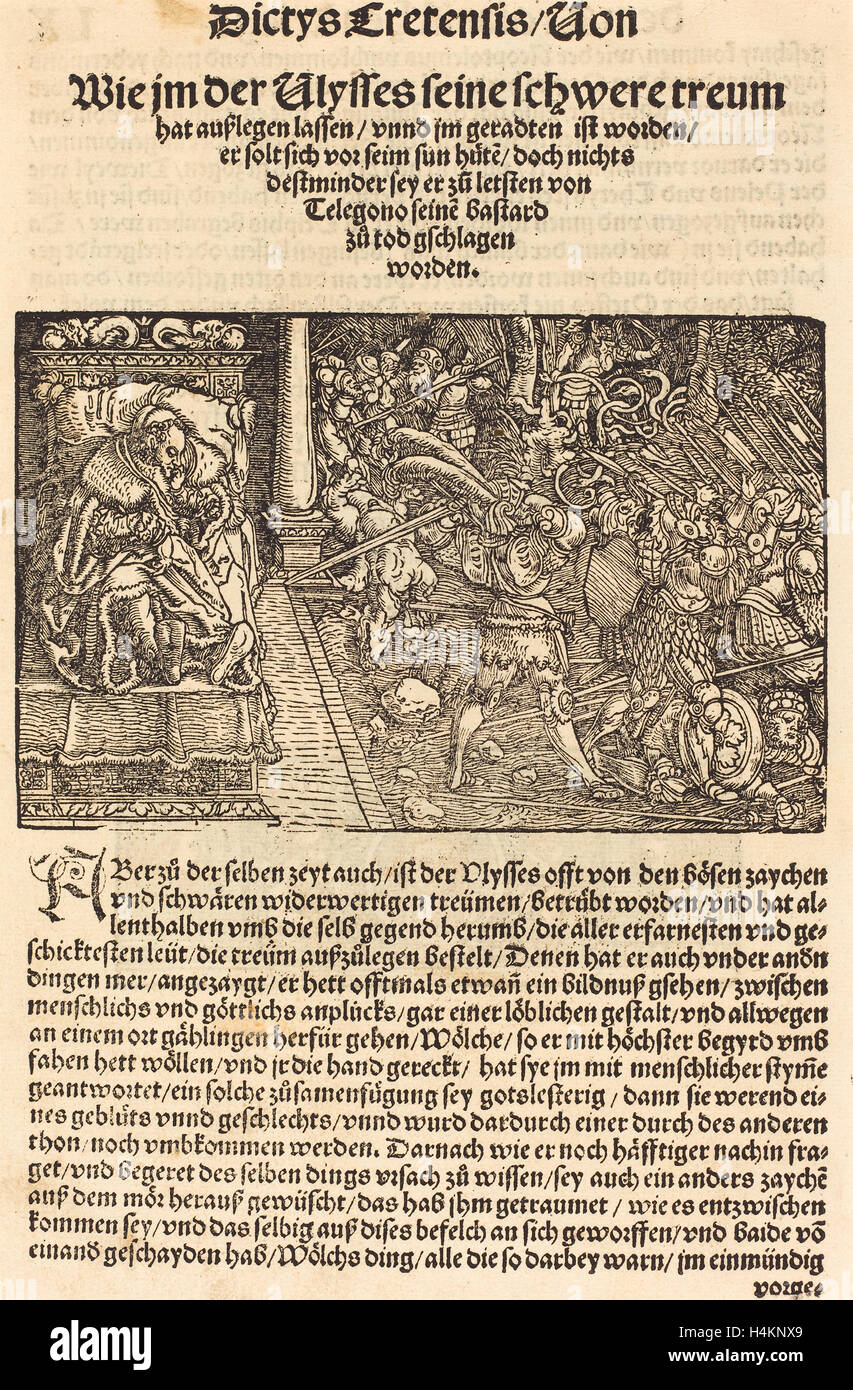 Hans Weiditz, II (German, 1500 or before - c. 1536), Page from Troianischen Kreig - Ausberg, 1536, woodcut Stock Photo