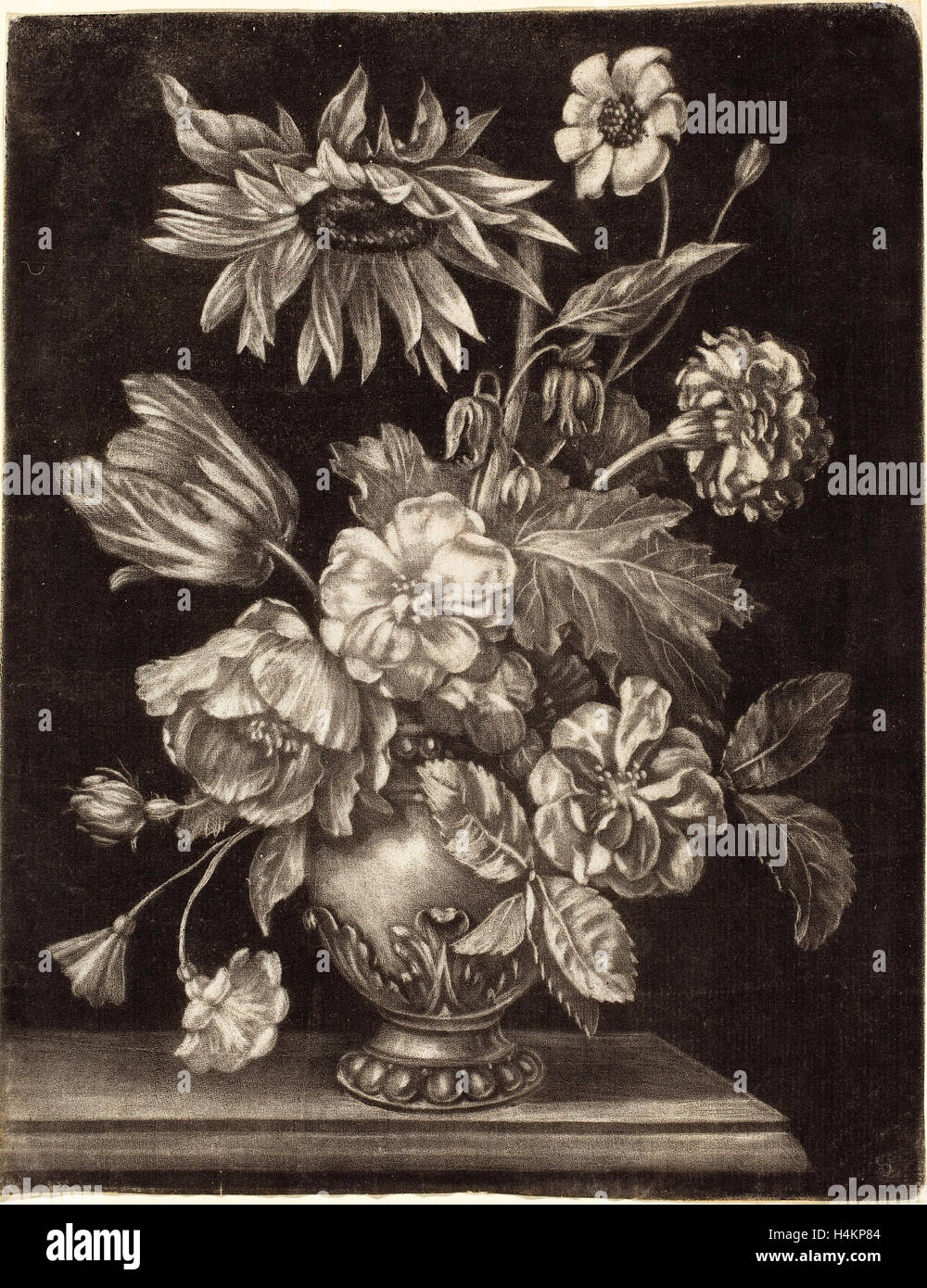 Elias Christoph Heiss (German, 1660 - 1731), Floral Still Life with a Sunflower, c. 1690, mezzotint on laid paper Stock Photo