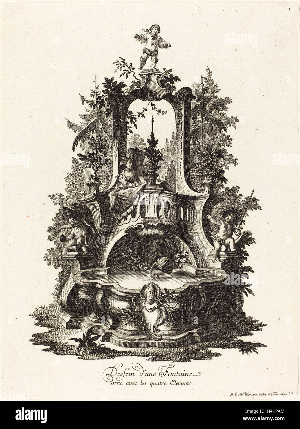 Johann Esaias Nilson (German, 1721 - 1788), Dessein d'une Fontaine orné avec les quatre Elements (Design for a Fountain) Stock Photo