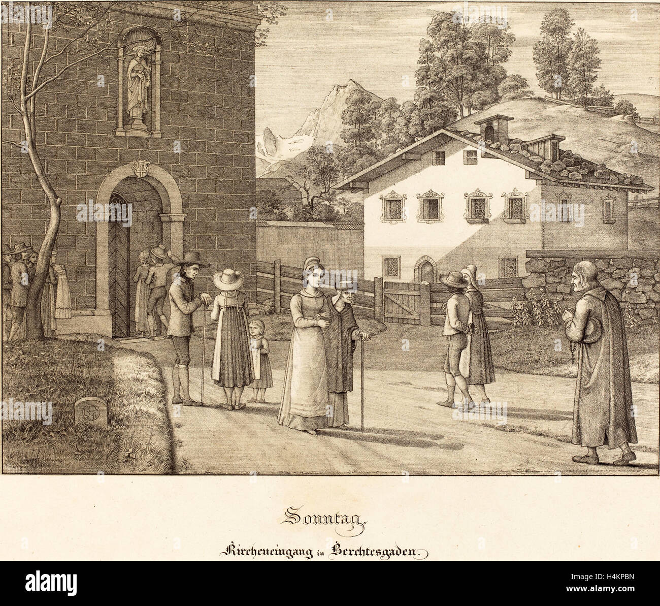 Ferdinand Olivier (German, 1785 - 1841), Sonntag - Kircheneingang in Berchtesgaden (Sunday - Going to Church near Berchtesgaden) Stock Photo