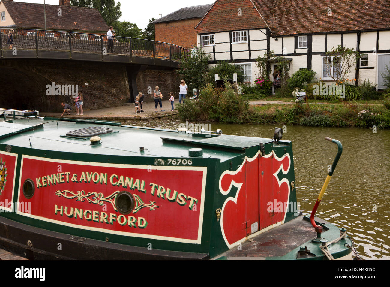 England, Berkshire, Hungerford, Rose of Hungerford passenger narrowboat moored on Kennet and Avon Canal Stock Photo