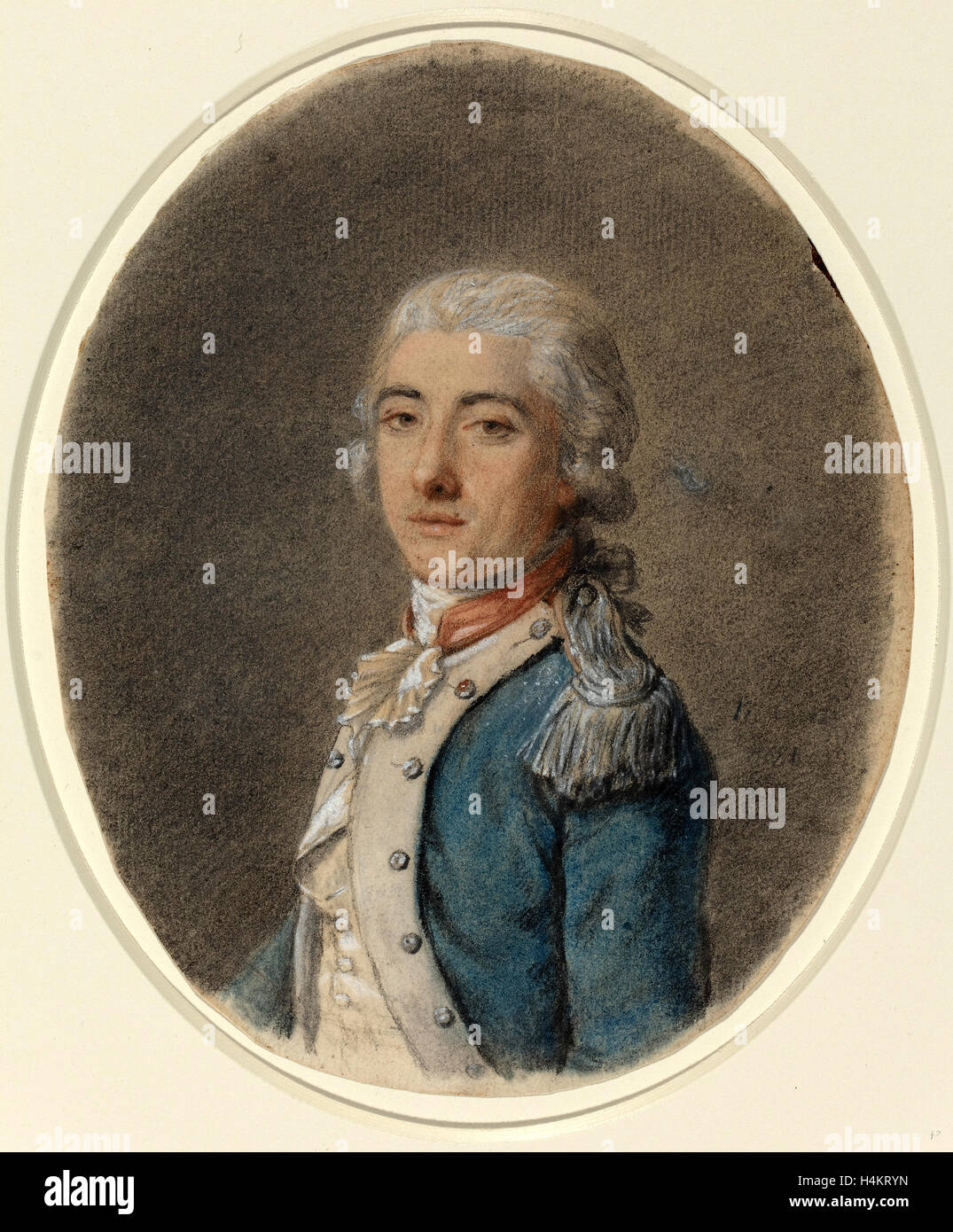 French 18th Century, Portrait of a Man in a Military Uniform, 18th century, black, blue, and red chalk heightened with white Stock Photo