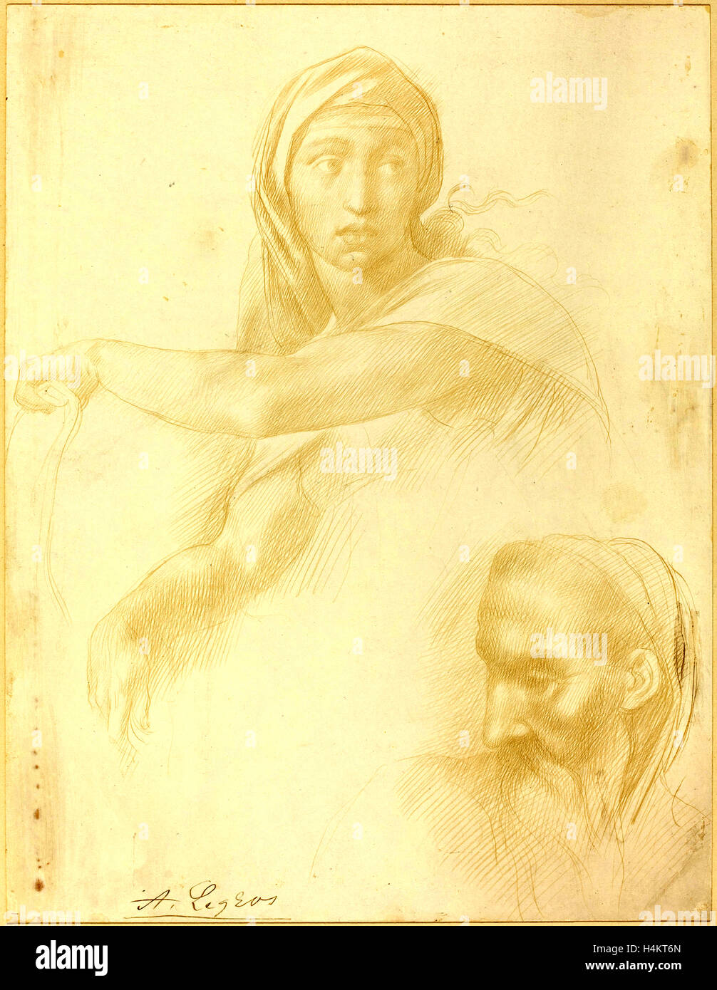 Alphonse Legros after Michelangelo, Study of Delphic Sibyl; Head of a Man, French, 1837-1911, metalpoint on prepared paper Stock Photo
