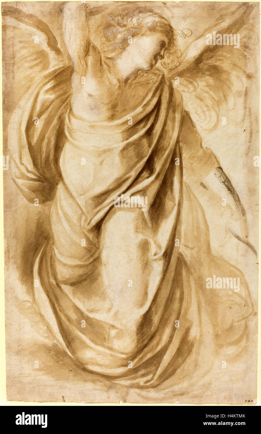 Italian 17th Century, An Angel, c. 1600, brush and brown ink, heightened with white, on laid paper Stock Photo