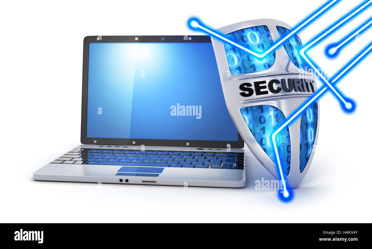 Shield antivirus and laptop, abstract (done in 3d rendering) Stock Photo