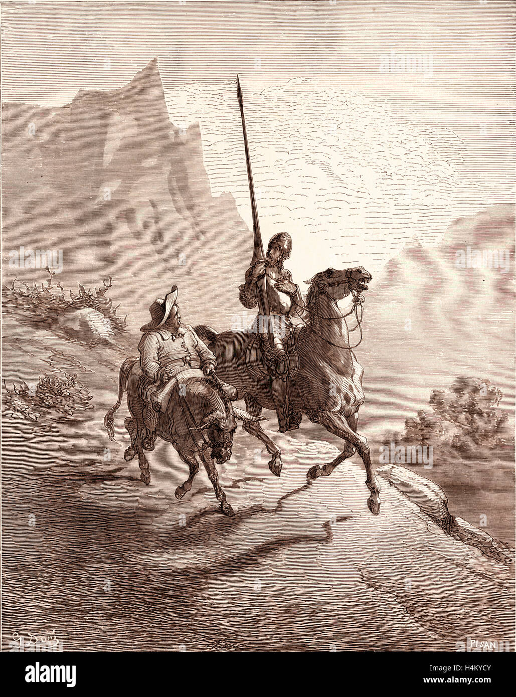 Don Quixote and Sancho Setting Out, by Gustave Dore, 1832 - 1883, French. Engraving for Don Quixote by Miguel De Cervantes. 1870 Stock Photo