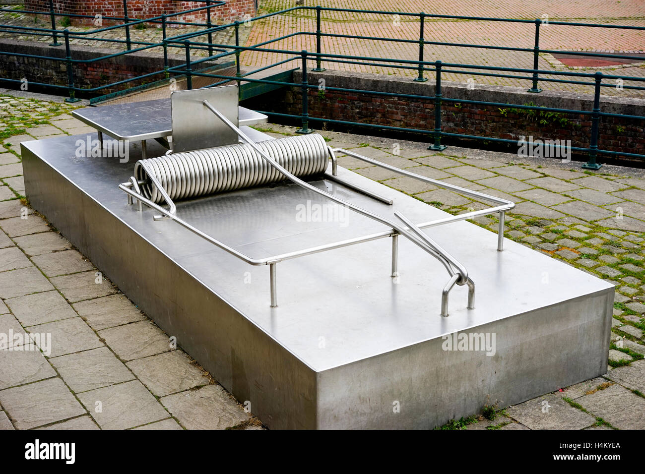 Giant Stainless Steel model of a mouse trap at Burrs Country Park and part of the Industrial Heritage site, Bury, Lancashire,UK. Stock Photo