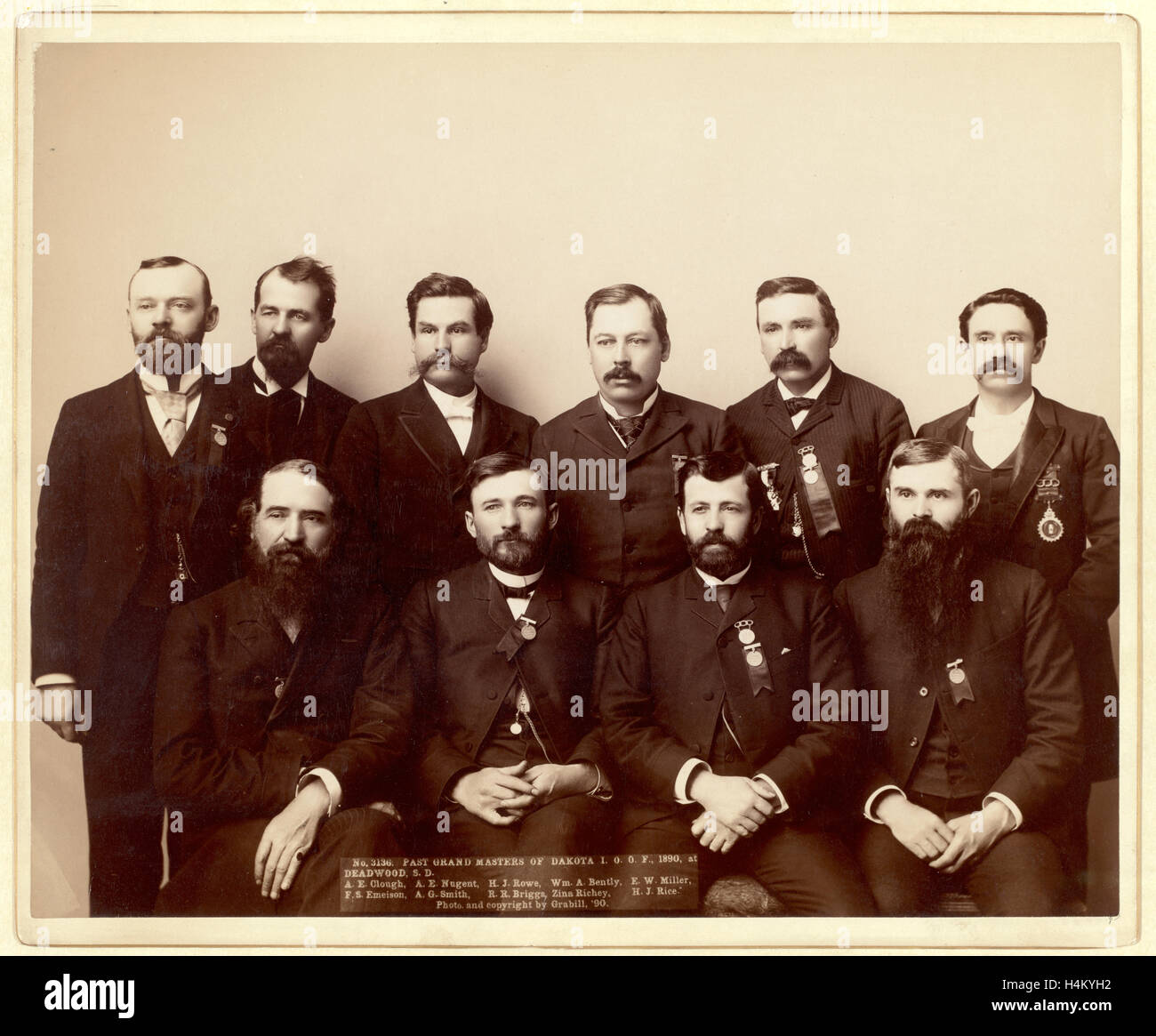 Past Grand Masters of Dakota I.O.O. F., 1890, at Deadwood, S.D. A.E. Clough, A.E.Nugent, H.J. Rowe, Wm. A. Bently, F.W. Miller Stock Photo