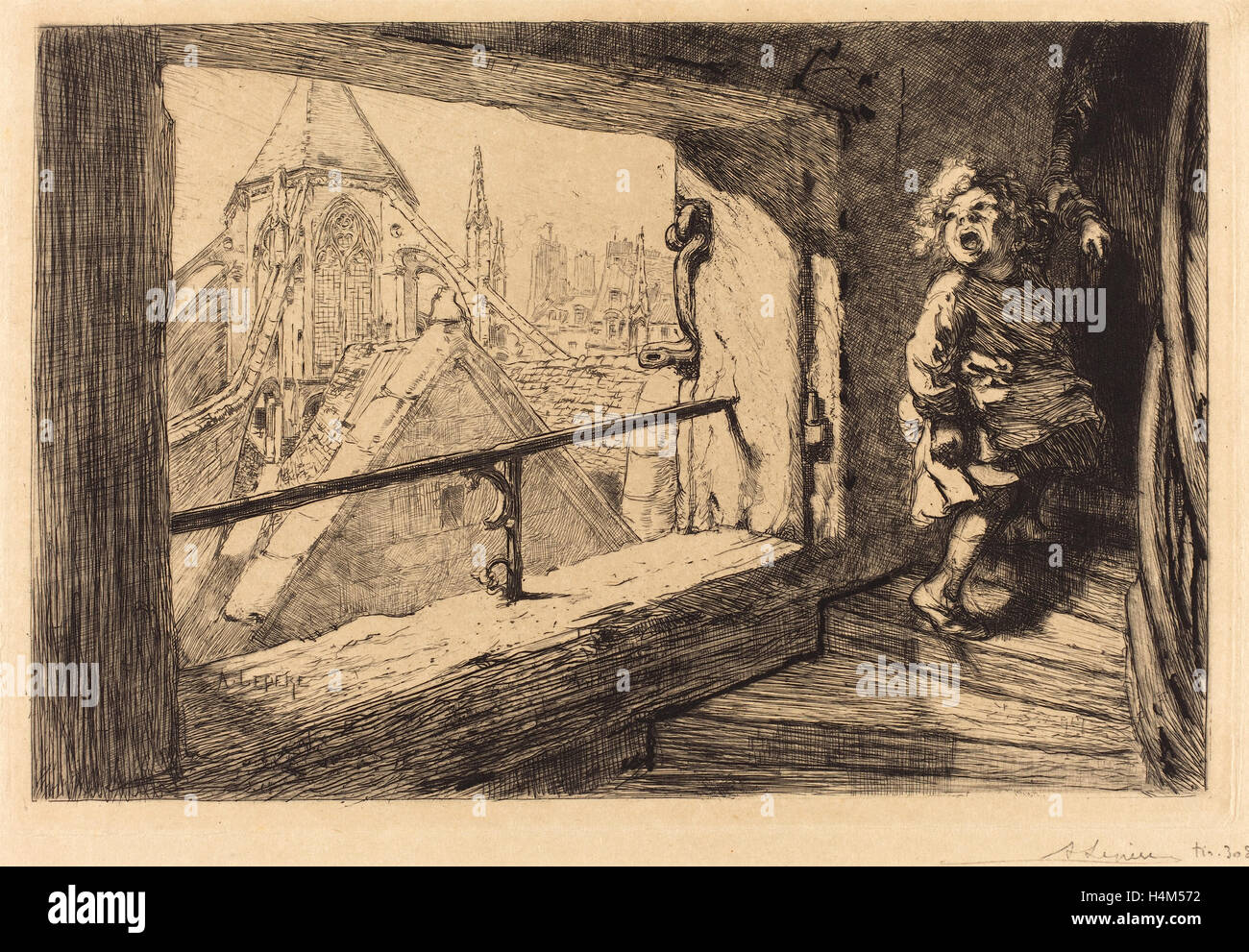Auguste Lepère (French, 1849 - 1918), Les toits de Saint-Severin, 1889, etching Stock Photo