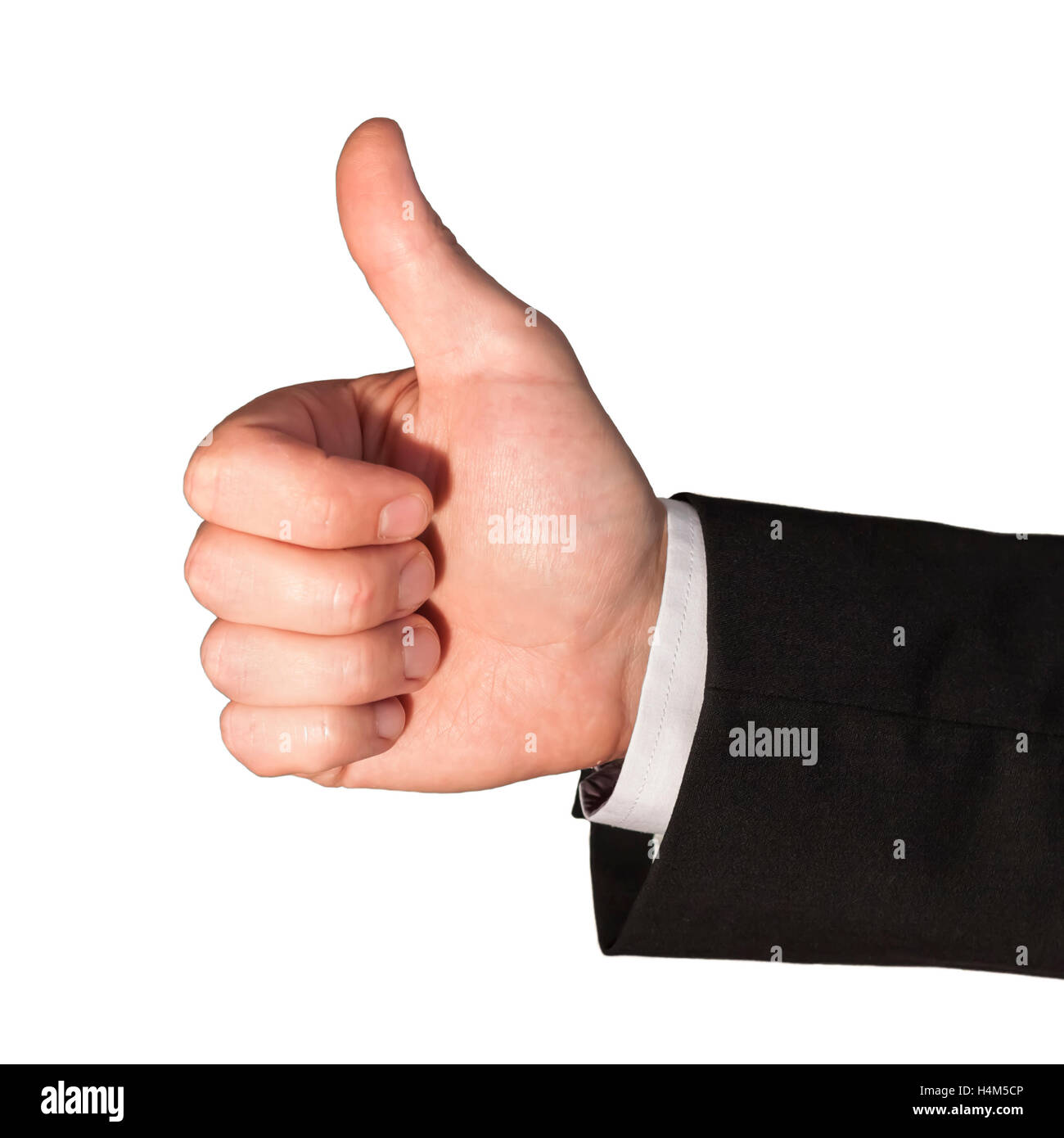 Hand with thumb up is the sign of successful businessman. Isolated on white background Stock Photo