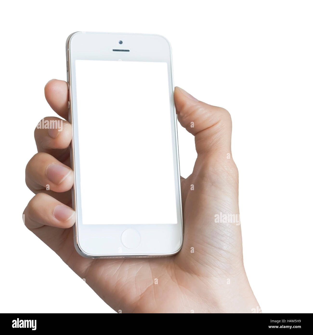 White smartphone in hand portrait orientation Stock Photo