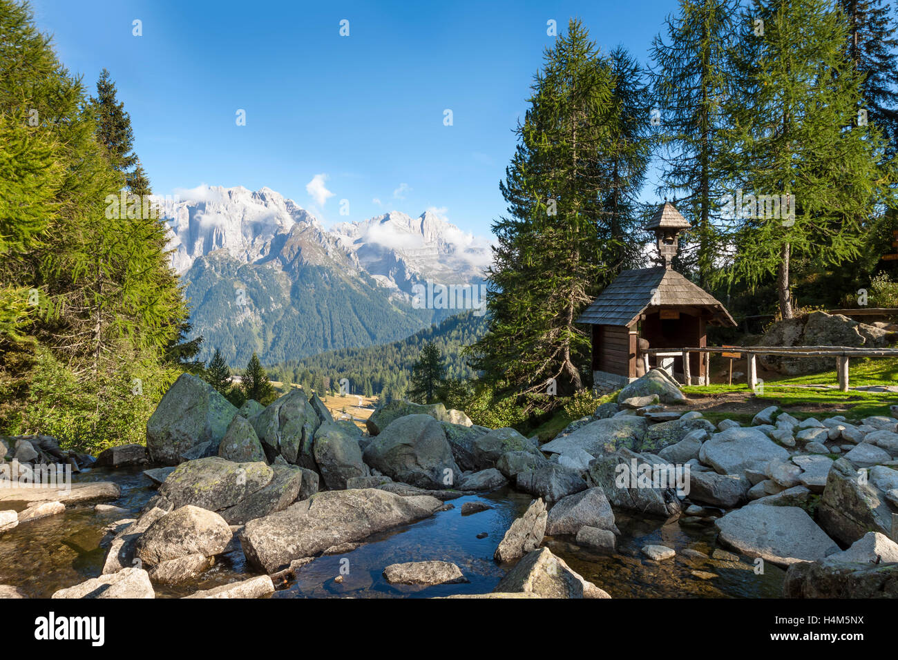 Beautiful view of Dolomite mountains in the Italian Alps from lake Malghette Stock Photo