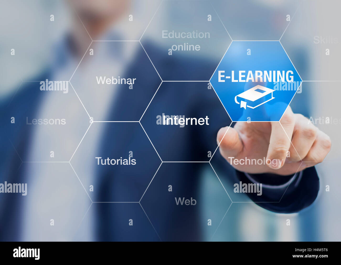 E-learning concept with a teacher presenting online education program Stock Photo
