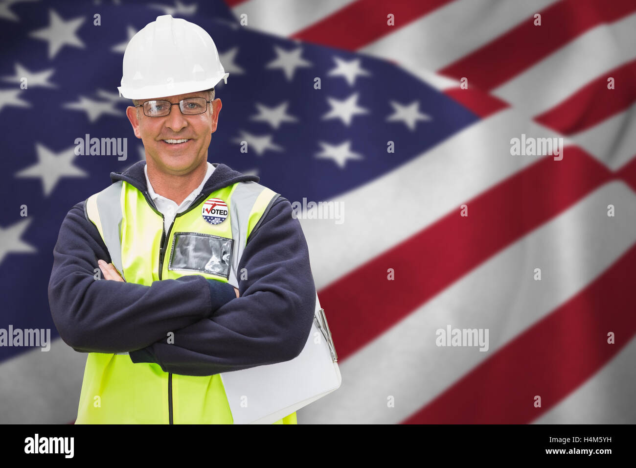 Composite image of worker wearing hard hat in warehouse Stock Photo Alamy
