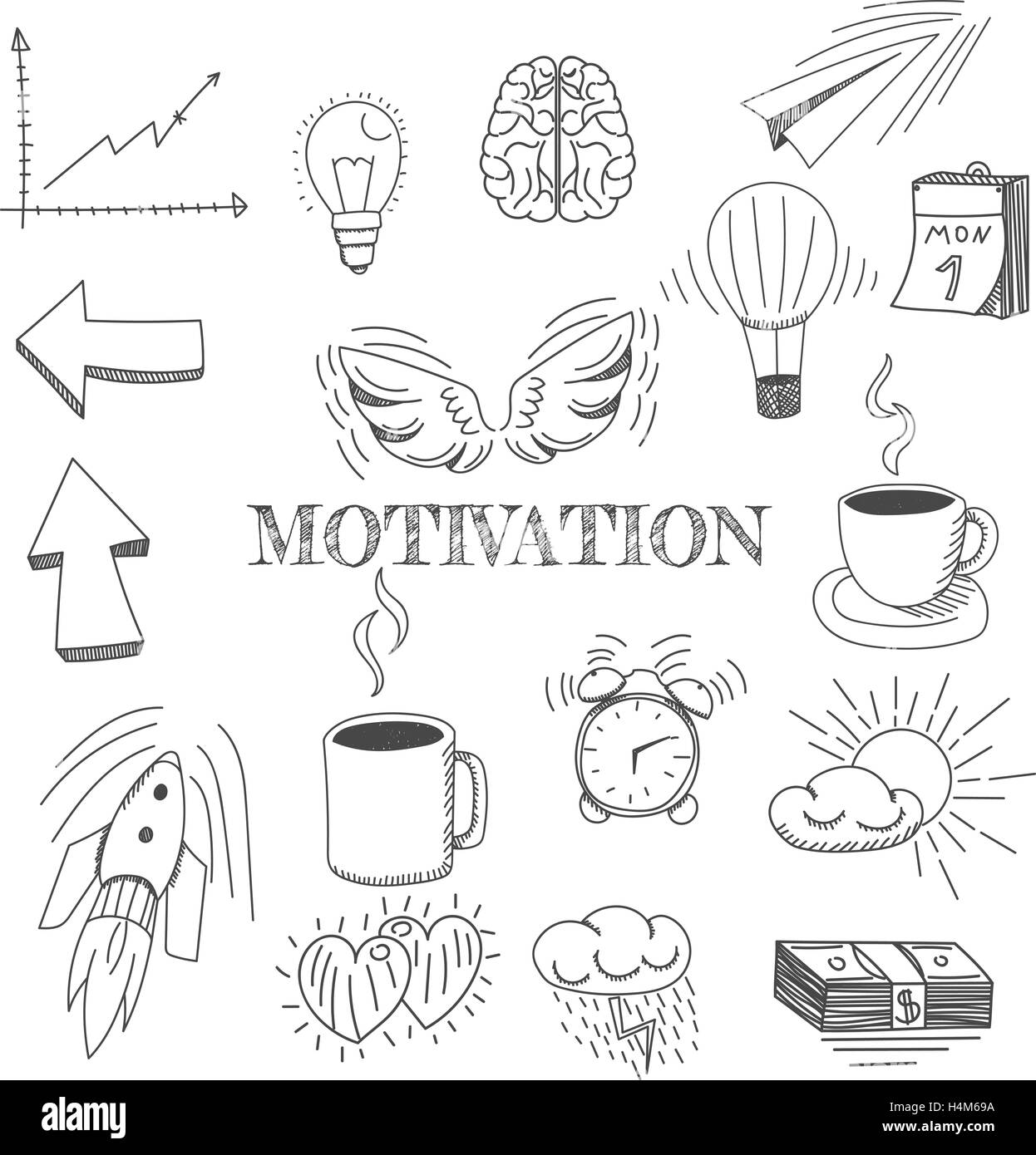 Hand drawn vector illustration set of motivation and buisness sign and symbol doodles elements. Stock Vector