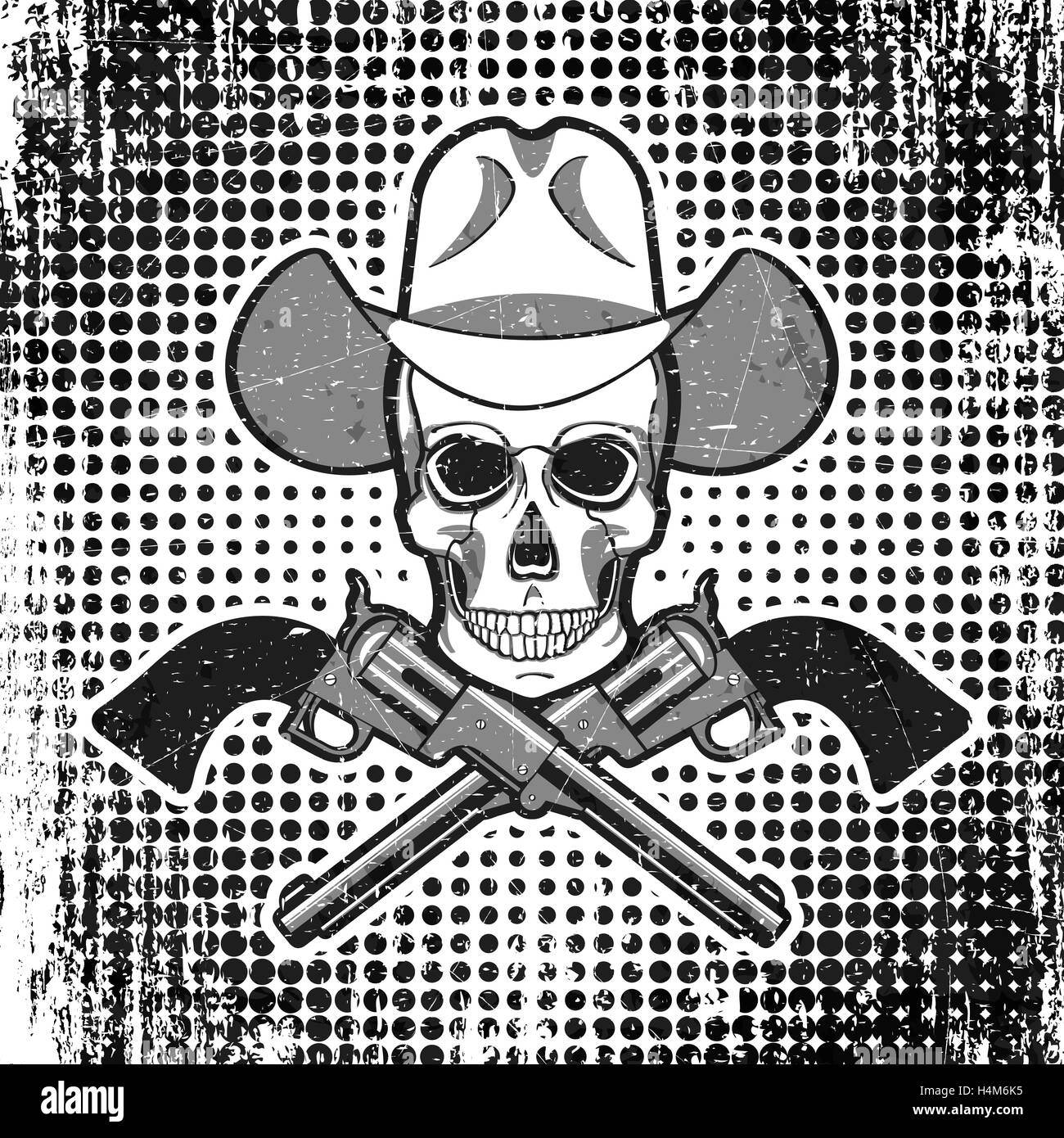 Skull in cowboy hat with revolvers, grunge vintage polka dot background. Stock Vector