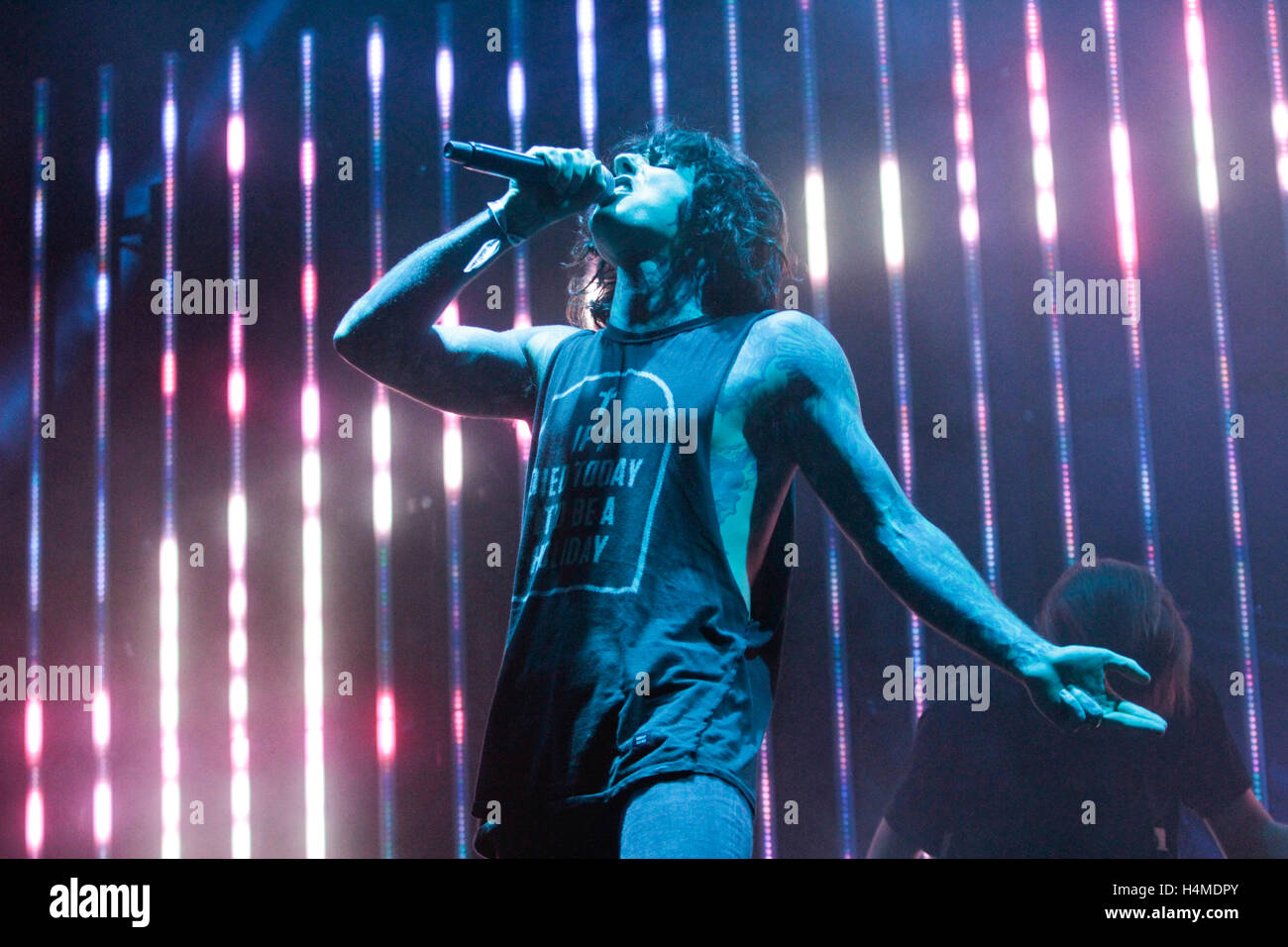 Oliver Sykes of the band Bring Me the Horizon performs in concert during  the Rock Allegiance Festival at PPL Park on Saturday, Oct. 10, 2015, in  Chester, Pa. (Photo by Owen Sweeney/Invision/AP