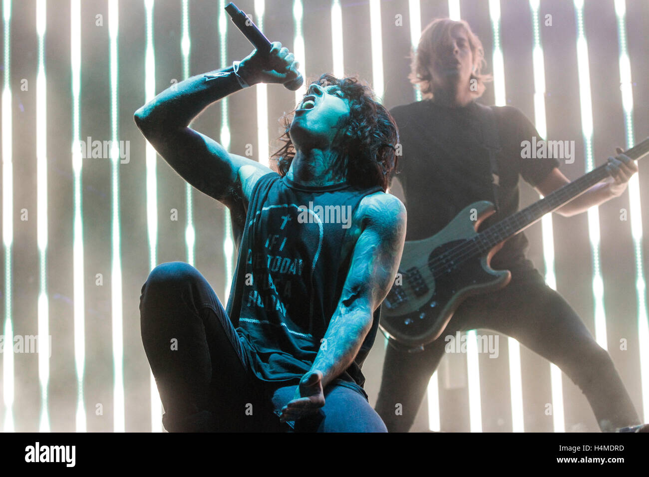 Oliver Sykes of the band Bring Me the Horizon performs in concert during  the Rock Allegiance Festival at PPL Park on Saturday, Oct. 10, 2015, in  Chester, Pa. (Photo by Owen Sweeney/Invision/AP