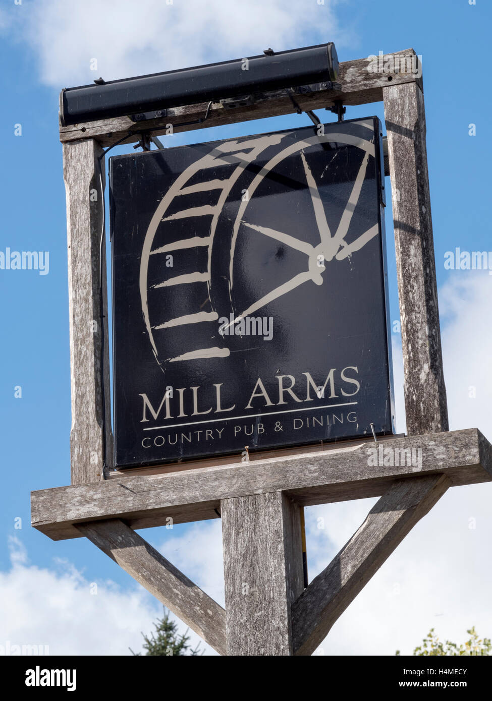 Pub sign for Mill Arms public house, Dunbridge, Mottisfont, Hampshire, England, UK Stock Photo