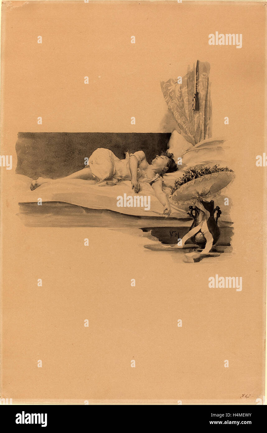 Karel Vitezslav Masek, Illustration for 'Jestrab Kontra Hrdlicka, XXII' (Girl asleep on a bed), Czech, 1865 - 1927, c. 1890, pen Stock Photo