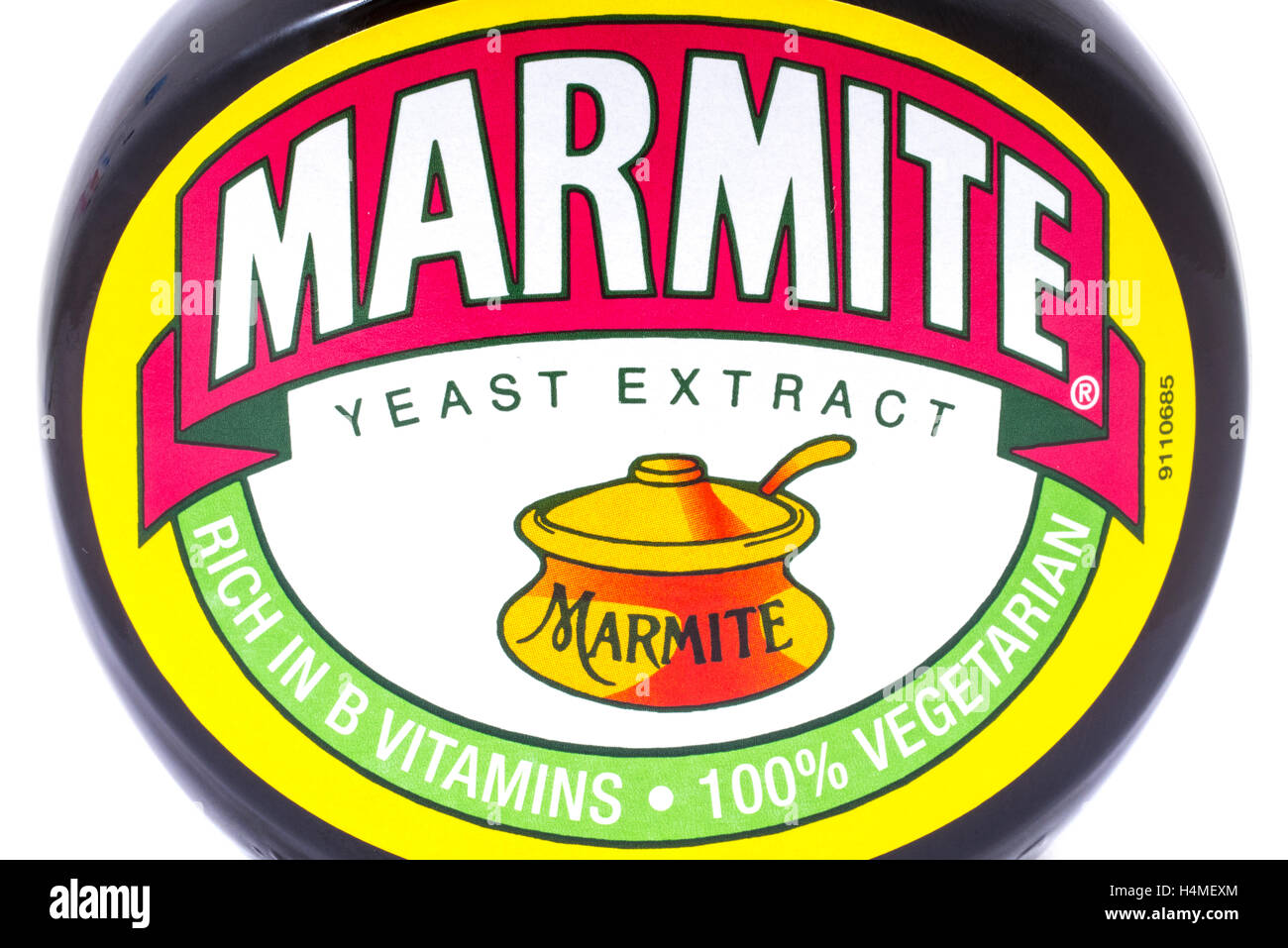 LONDON, UK - OCTOBER 13TH 2016: A shot of the label on a jar of Marmite over a plain white background. Stock Photo