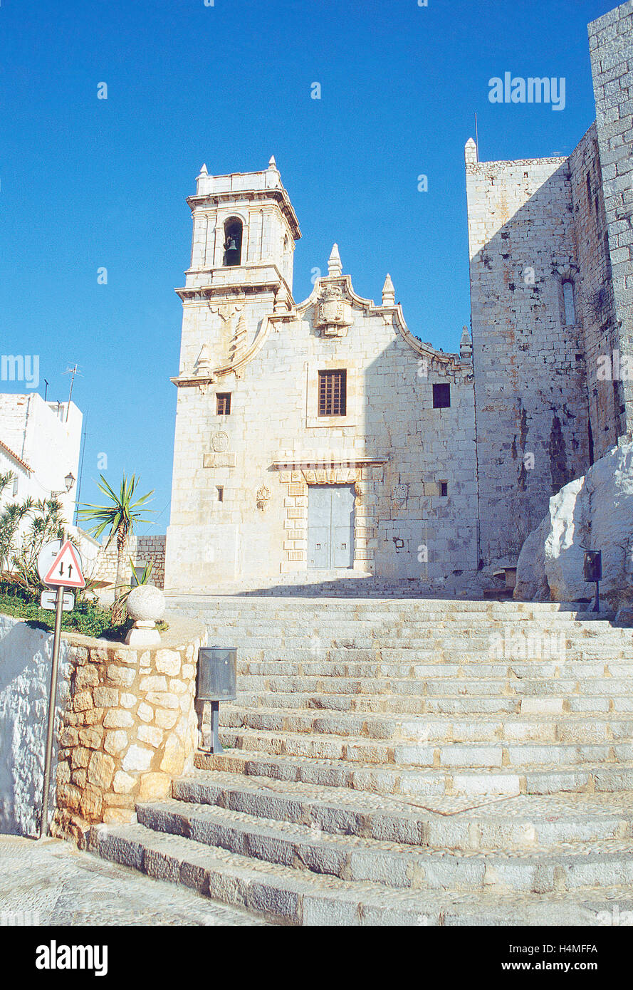 Facade of the church. Old town, Peñiscola, Castellon province, Comunidad Valenciana, Spain. Stock Photo