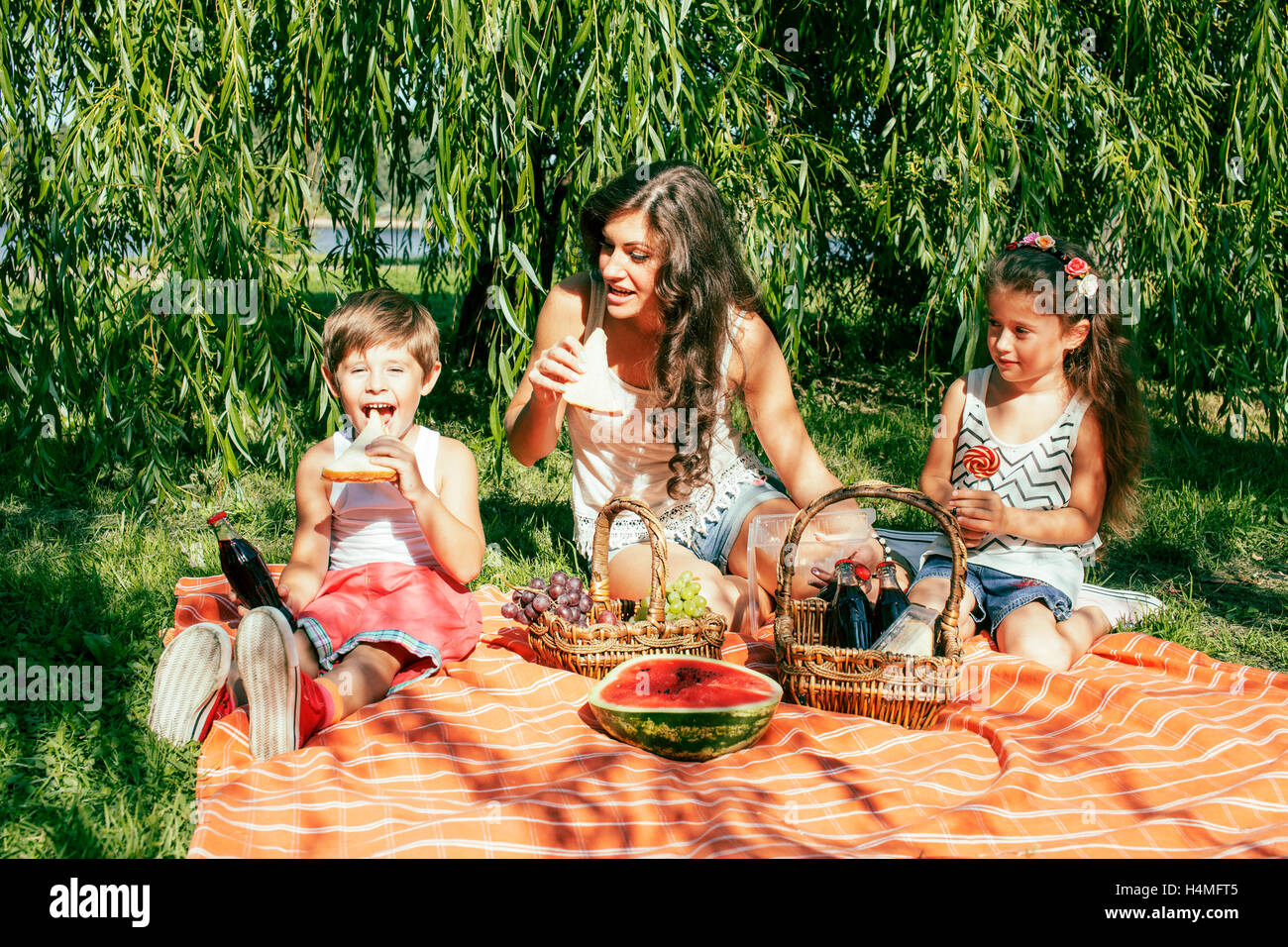 cute happy family on picnic laying on green grass mother and kid Stock ...