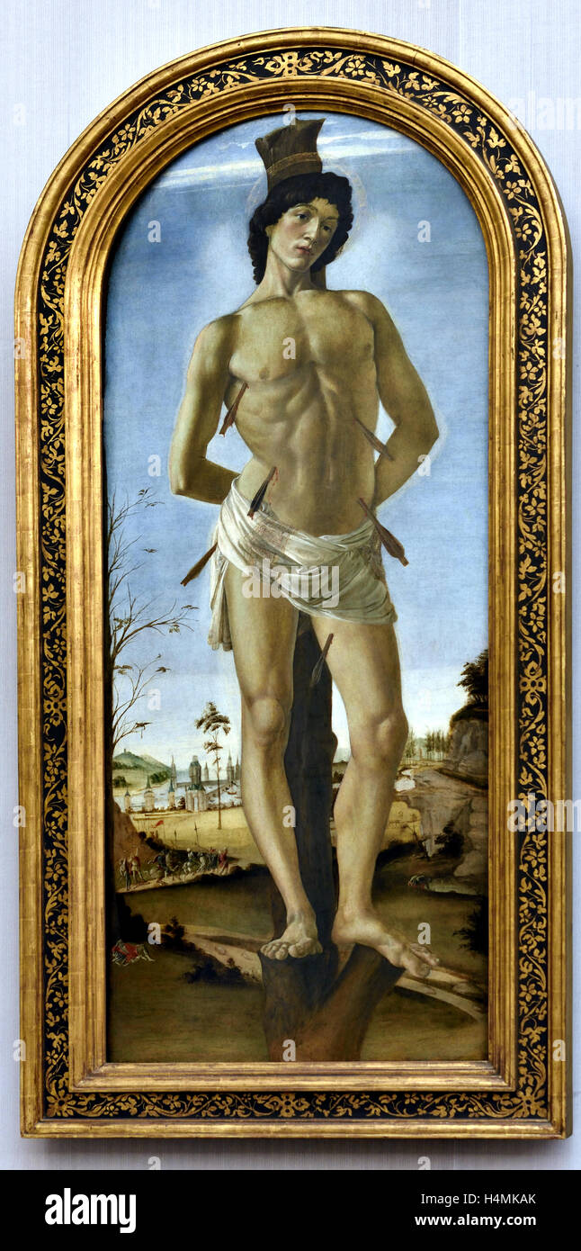 The Holy Sebastian 1474 Sandro Botticelli (1445-1510) Italy Italian •Saint, Sebastian, (died c. 268 AD),  Christian saint and martyr,  Killed during the Roman, Emperor, Diocletian, persecution of Christians, He criticized the emperor, clubbed to death,) Stock Photo