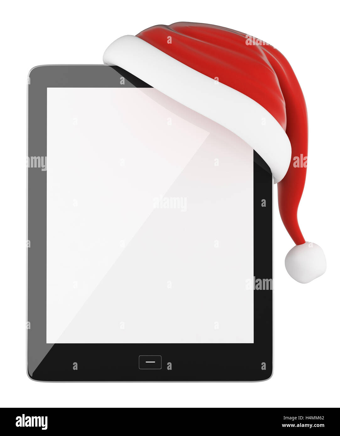 3d christmas illustration.Tablet with blank screen and Santa Claus hat. Isolated white background. Stock Photo