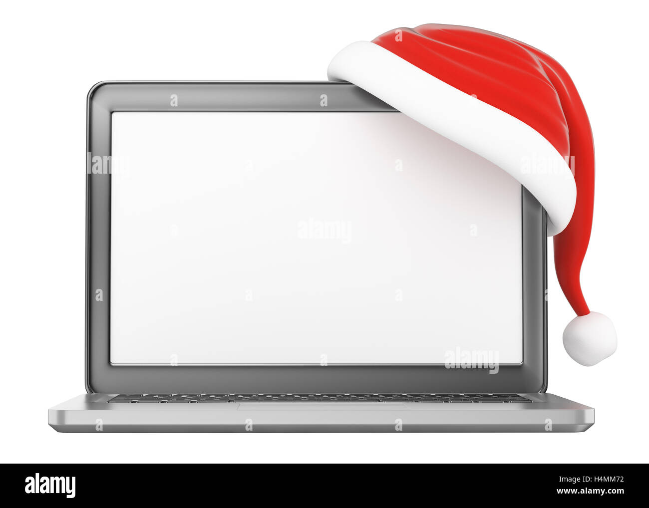 3d christmas illustration. Laptop with blank screen and Santa Claus hat. Isolated white background. Stock Photo